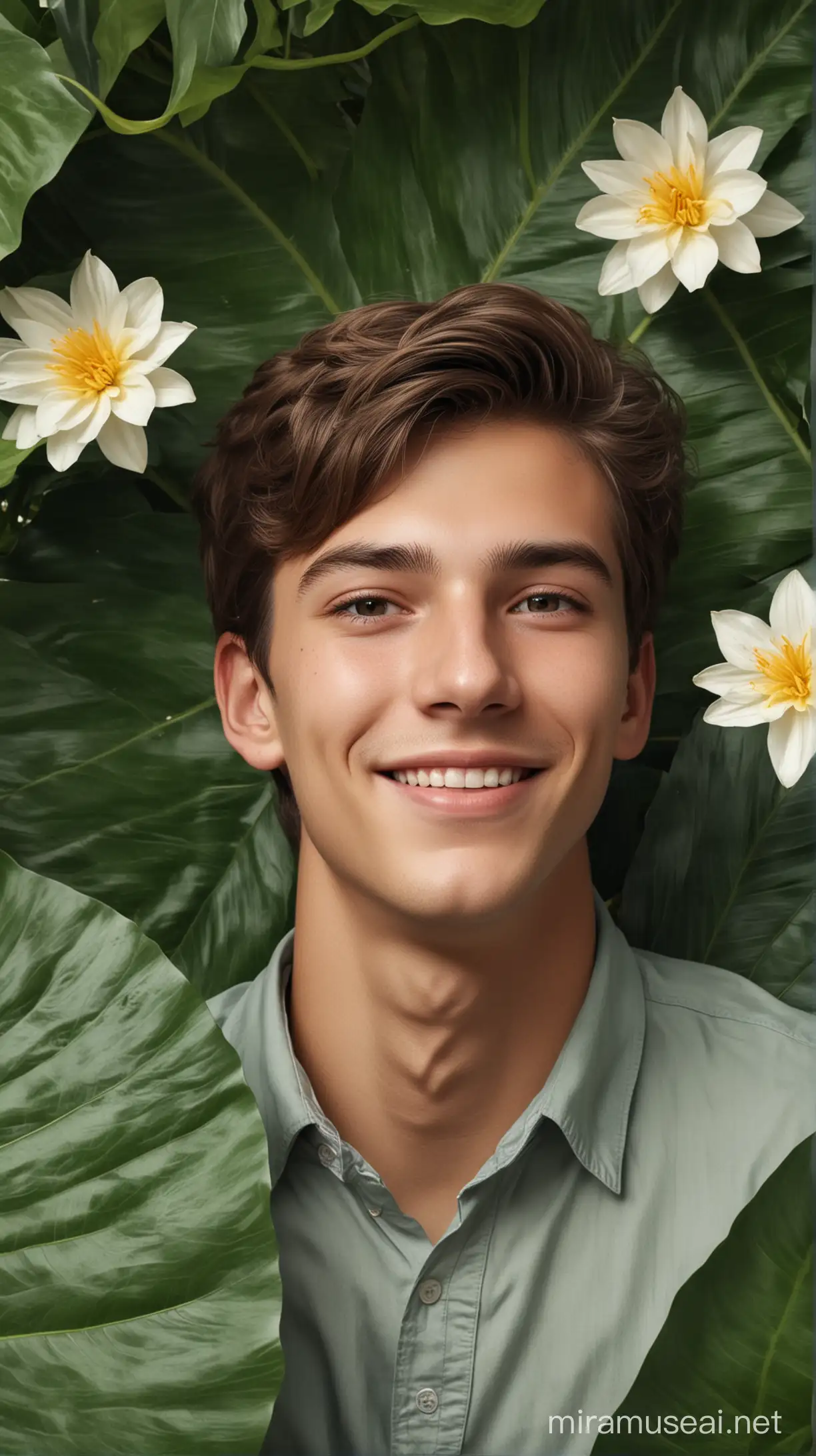 a handsome man, 18 years old, oval face, smiled shyly, sitting on a giant leaf and flower. Ultra Realistic