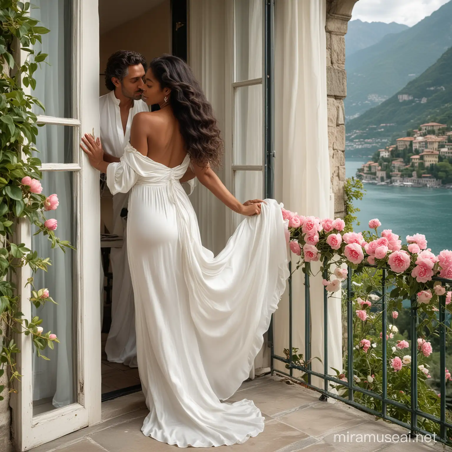 Beautiful Black lady with very long wavy hair in Italian villa wearing a white silk backless dress in a balcony doors overlooking the lake como holding peonies, with wind blown curtains with an Italian man ages 50 