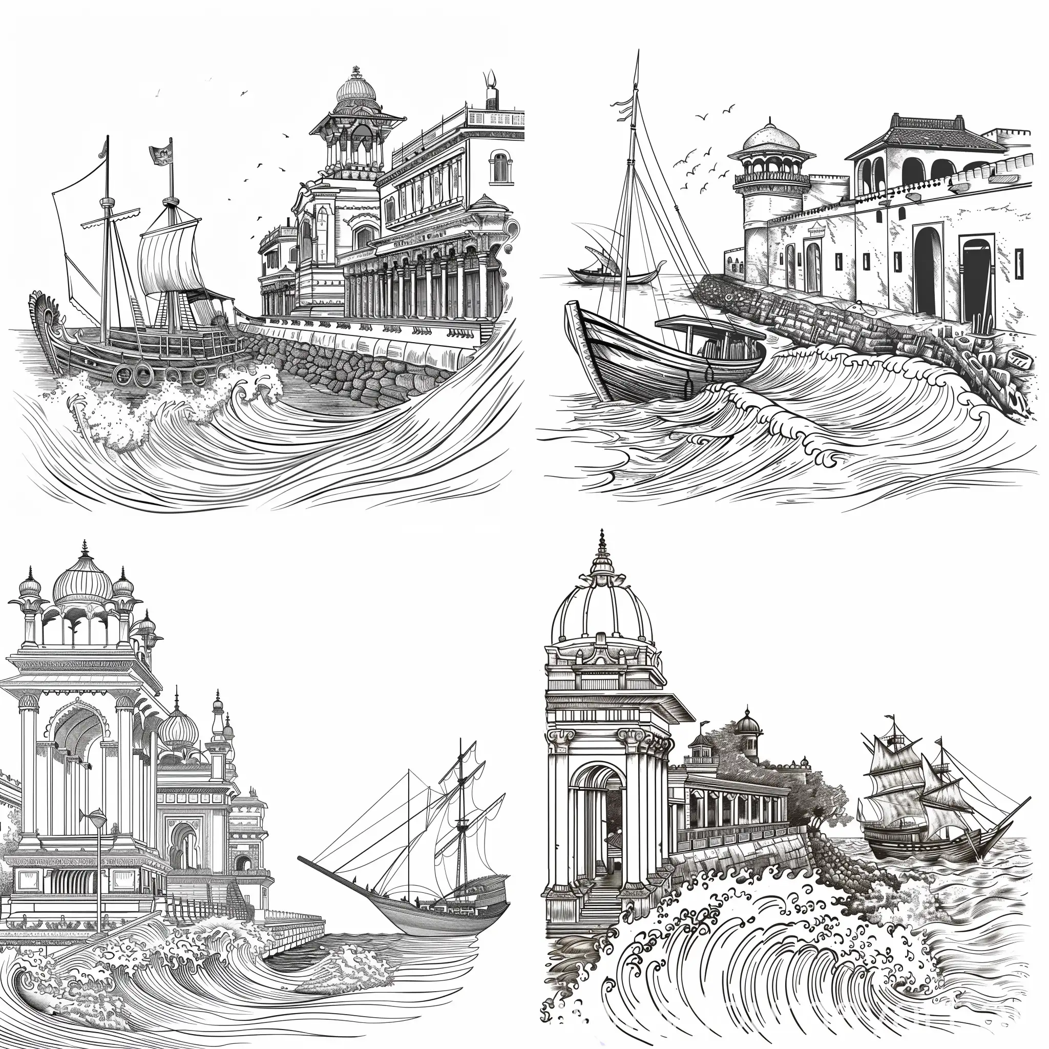 Sketch of an ancient harbour in ancient Kerala, it should be simple but detailed, only black outlined drawing, ancient ship, building and sea wave is needed, only white background