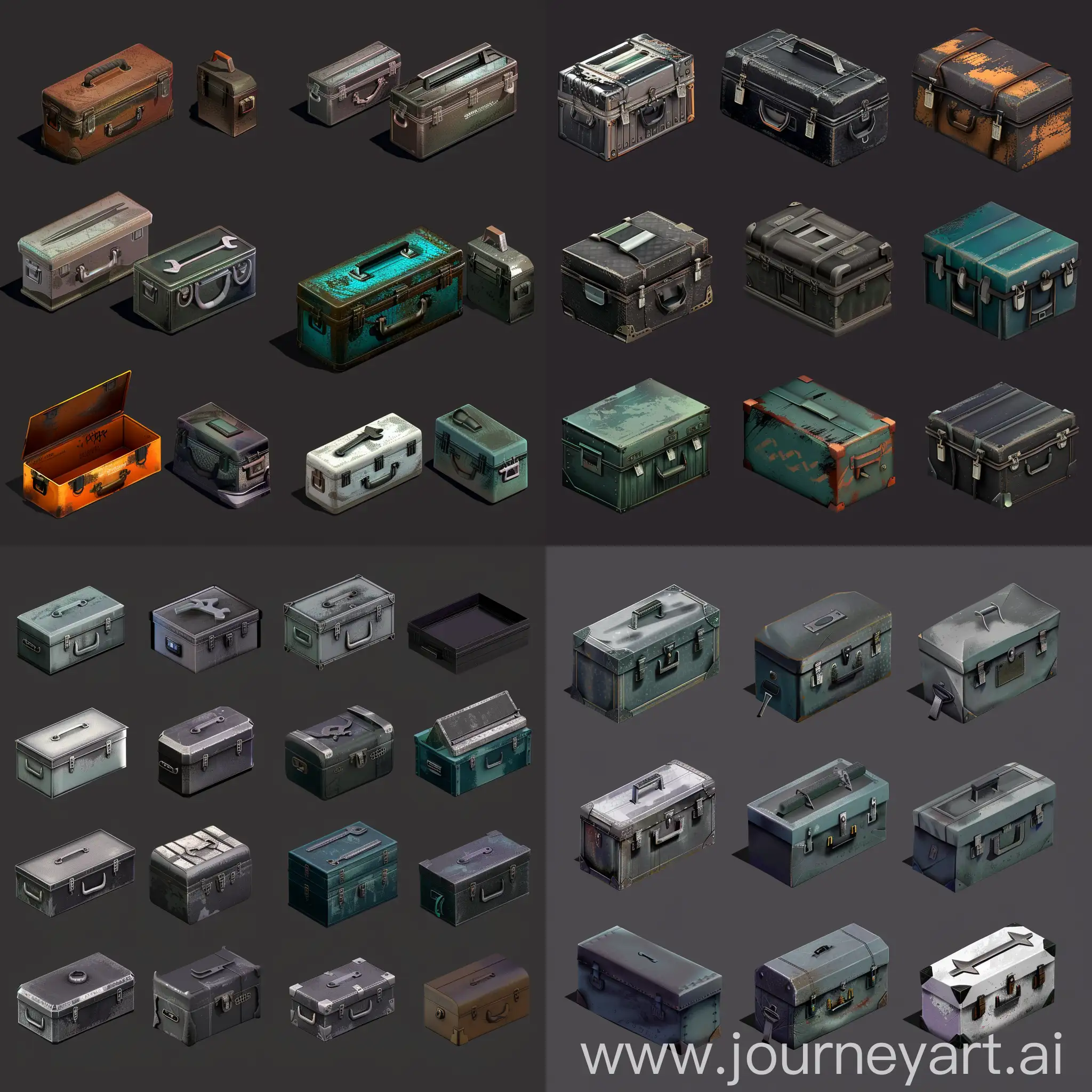 https://i.imgur.com/9T6eIaH.png isometric set of old instrument kit repair tools metal boxes without details in style of unreal engine 5, isometric set, orthographic projection, ultrarealistic style --style raw --s 100