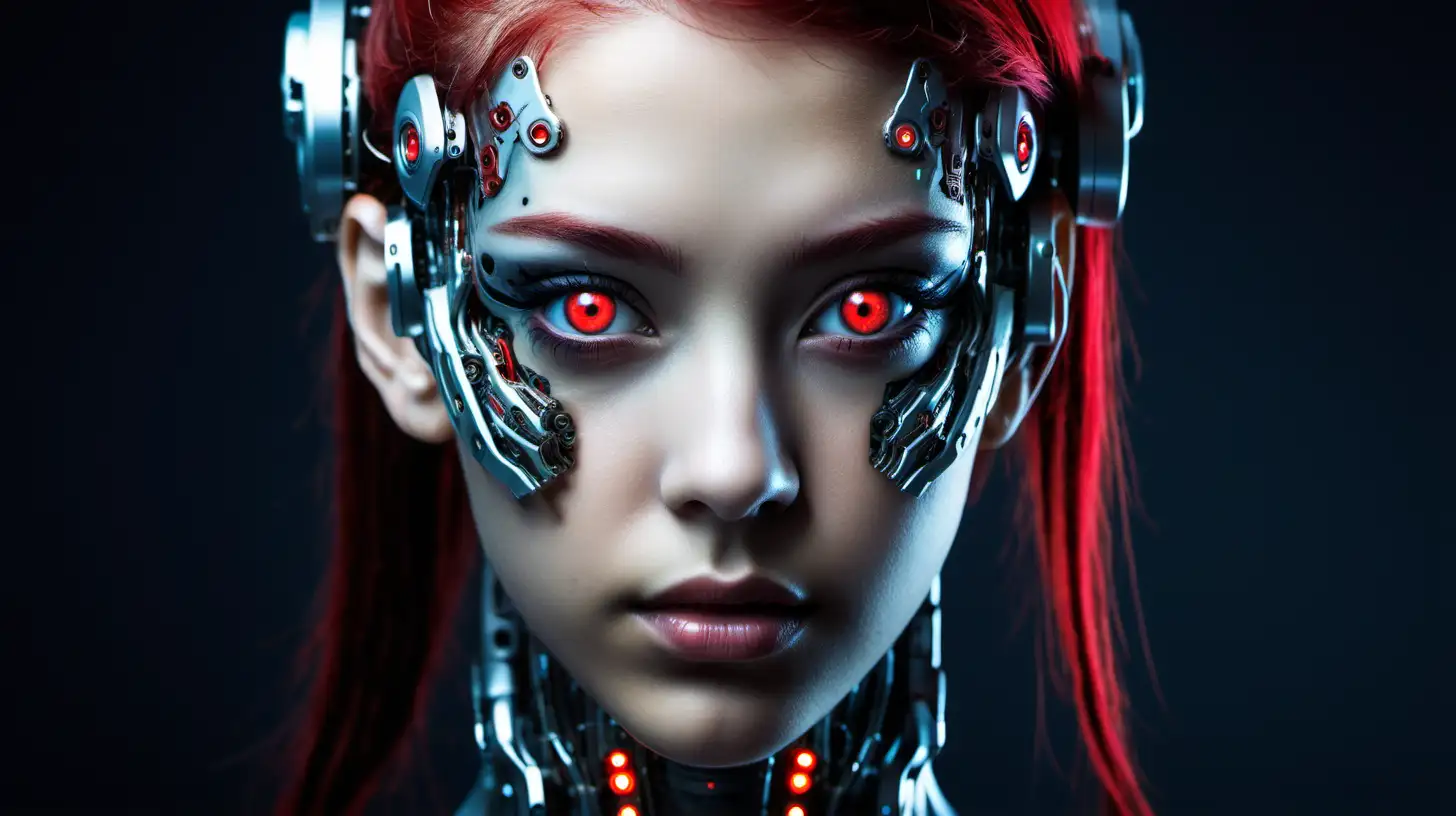 Gorgeous cyborg woman, 18 years old. She has a cyborg face, but she is extremely beautiful. Red eyes.
