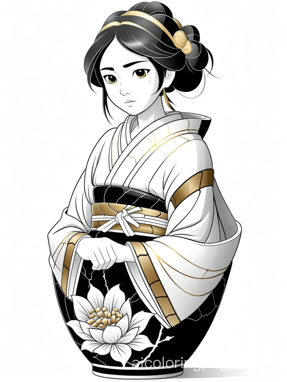 Japanese maiden vase, kintsugi art, Coloring Page, black and white, line art, white background, Simplicity, Ample White Space. The background of the coloring page is plain white to make it easy for young children to color within the lines. The outlines of all the subjects are easy to distinguish, making it simple for kids to color without too much difficulty