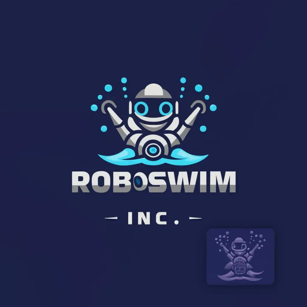 a logo design,with the text 'RoboSwim Inc.', main symbol:robot, cleaning, pool,complex,clear background, add waves instead of simple water
