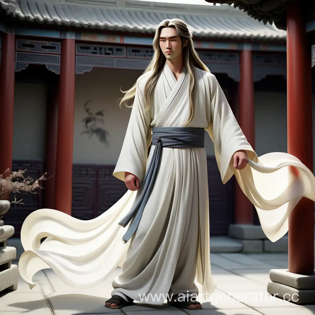 молодой человек с европейской внешностью, с длинными волосами, во весь рост, в белых развевающихся на ветру древнне-китайских одеждах
