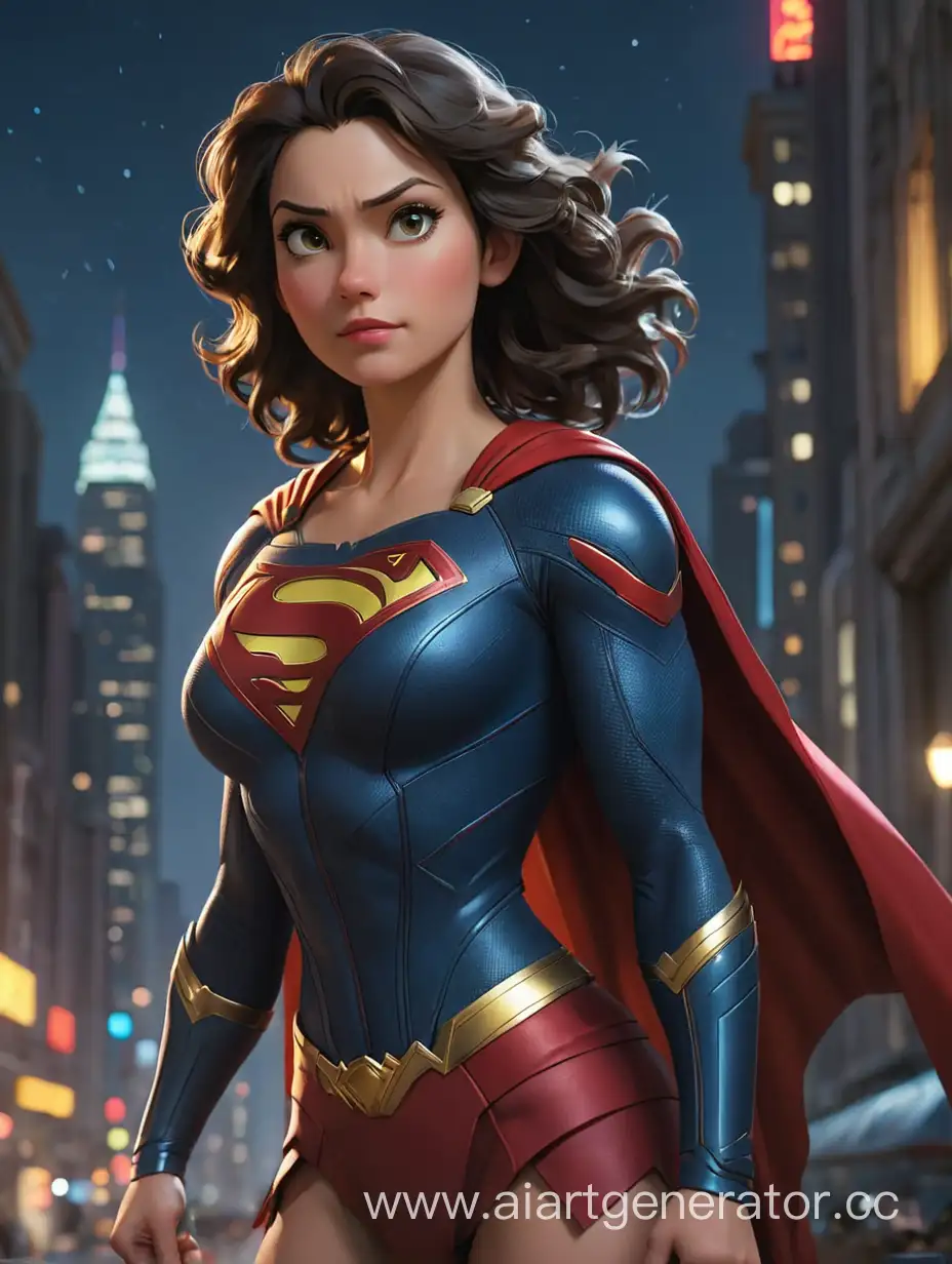 персонаж супер женщина стоит прямо на фоне ночного города