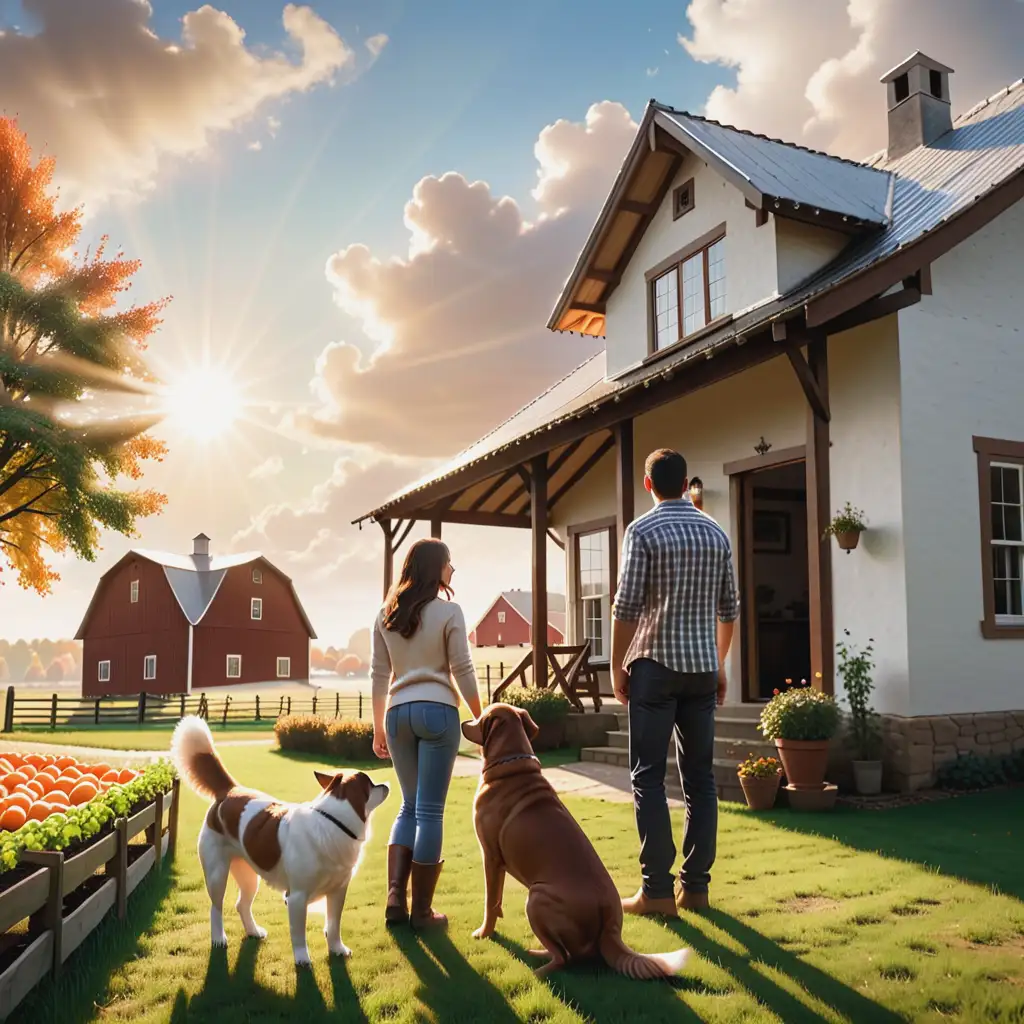 A family looking at their farm house with the sun shining down between the clouds. There is a brown and white dog  standing close to the family 