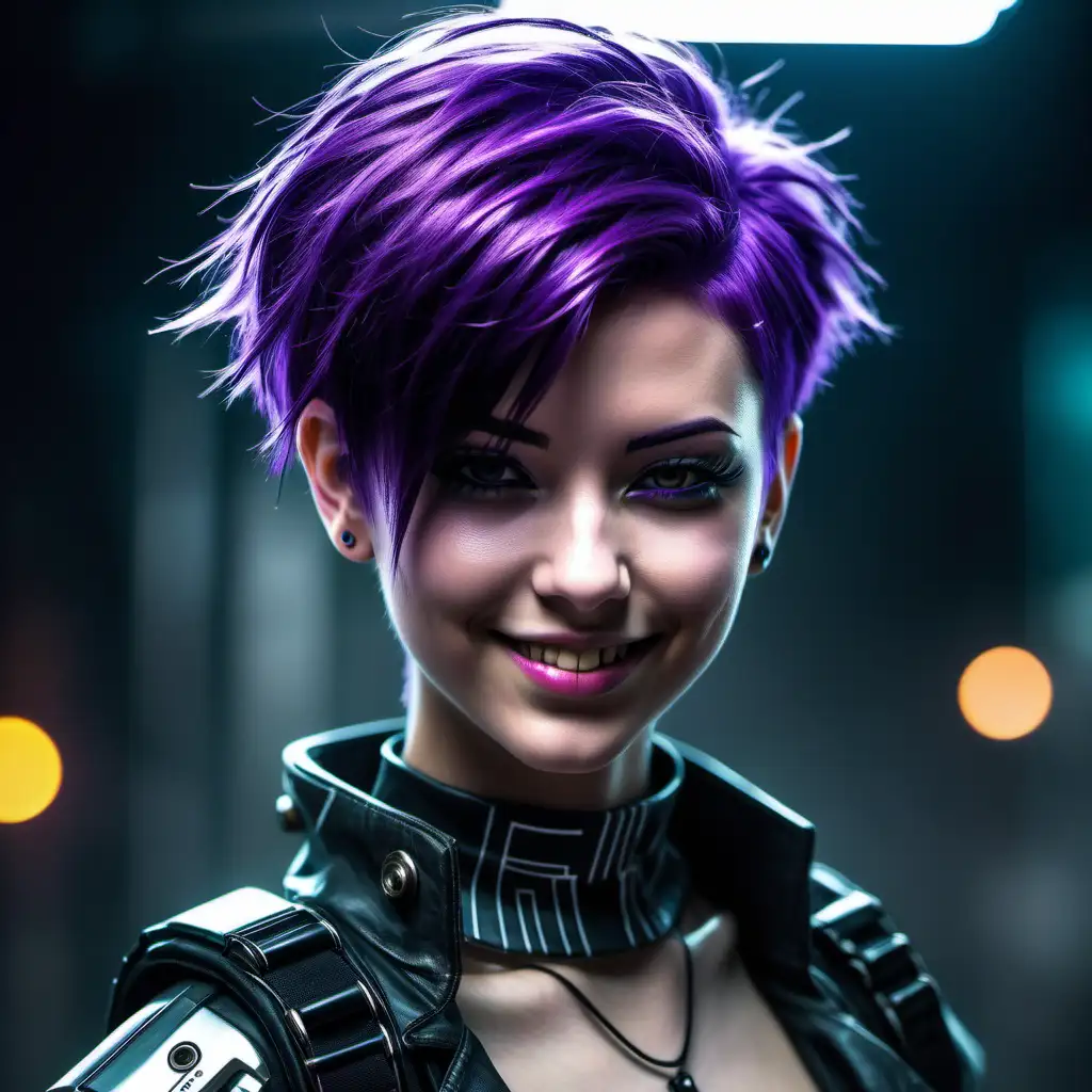 Create a cyberpunk girl with short side-swept purple hair who is posing. Make the girl smile.