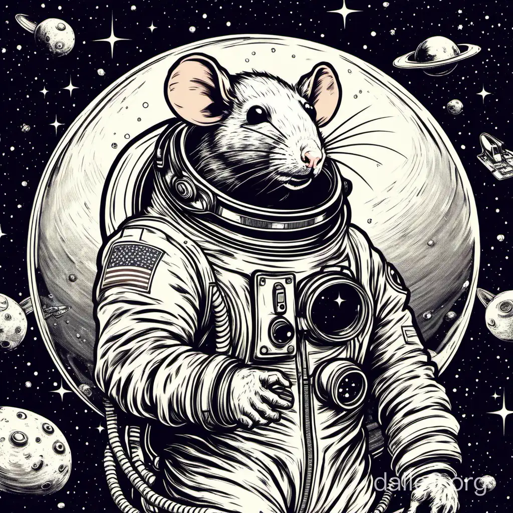 Draw a rat in space with only a helmet from a spacesuit on its head