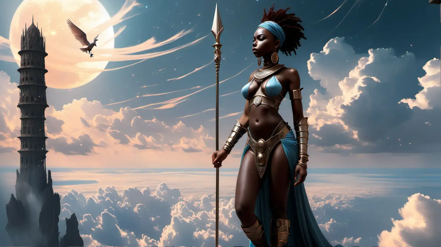 Ethereal African Warrior Seraphina Gazing from Towers Edge