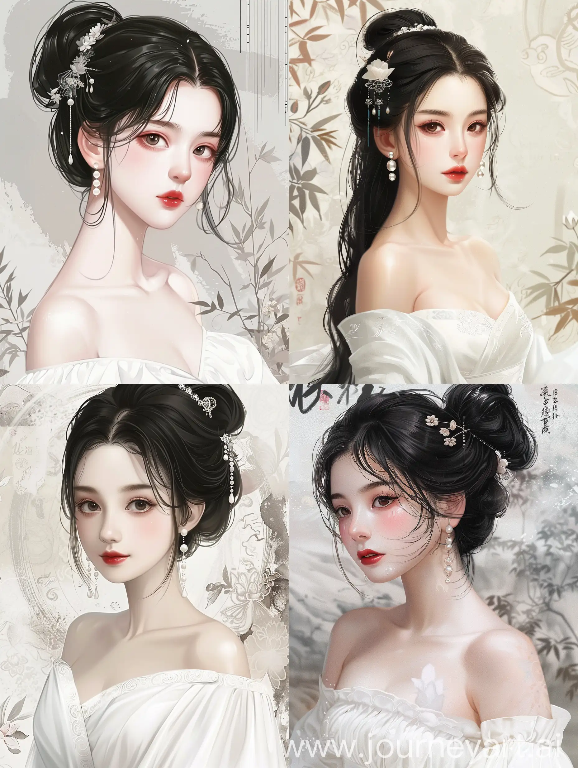 A beautiful Chinese girl with black hair, pearl earrings and a white dress in the style of manga illustration. She has exquisite facial features, fair skin, rosy cheeks, red lips, delicate makeup, and is dressed in an off-the-shoulder wedding gown. The background includes traditional ink wash patterns, adding to her classical beauty. 