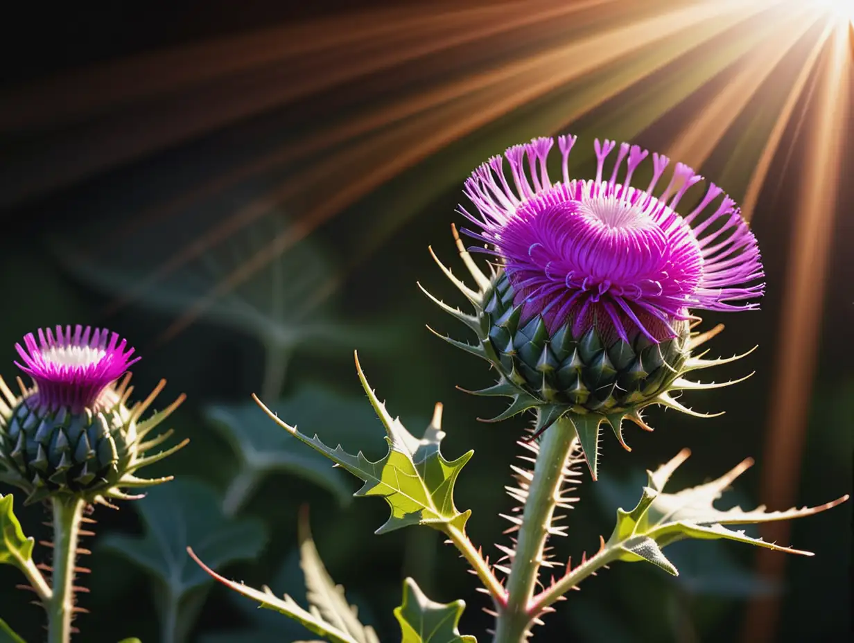 Create an image of a vibrant milk thistle plant with a beam of light shining down on it, symbolizing the natural boost it provides for glutathione production. Show the plant as the powerhouse that it is, with roots firmly planted in the ground and leaves stretching out as far as the eye can see. Use warm, earthy tones to convey a sense of healing and vitality. Let the simplicity of the image speak for itself, conveying the power of nature to enhance health and well-being.