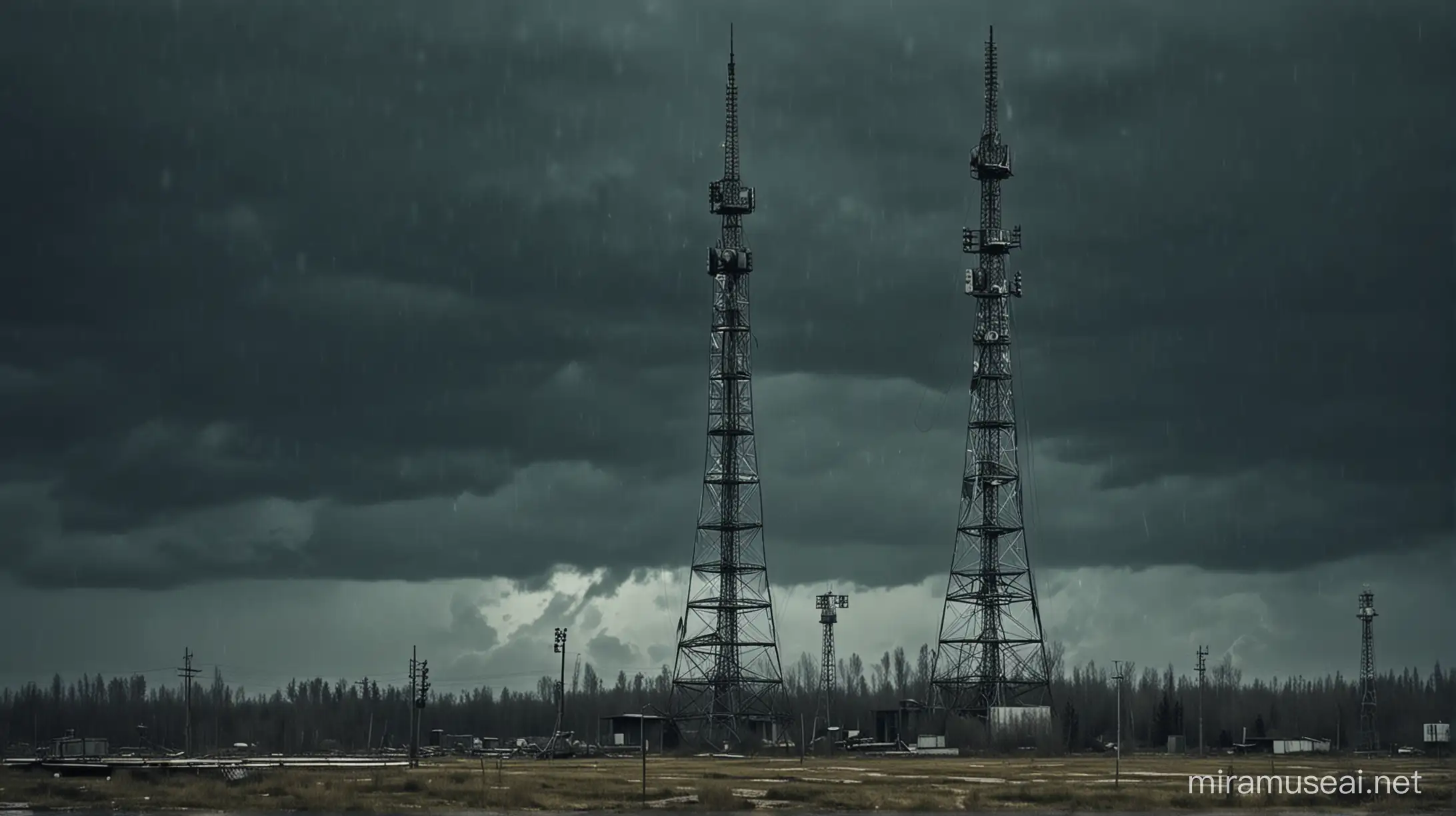 Vintage Russian Radio station ruin. communication tower. rain. dark sky. Cold War, 80s nuclear vibe