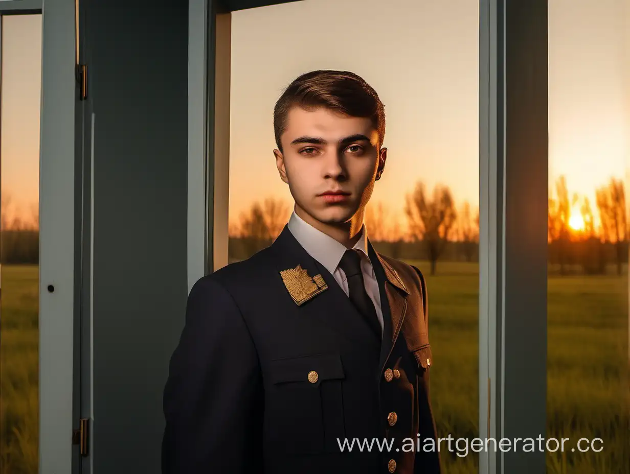 Russian-Prosecutor-in-Uniform-Stands-Before-Three-Doors-at-Sunset