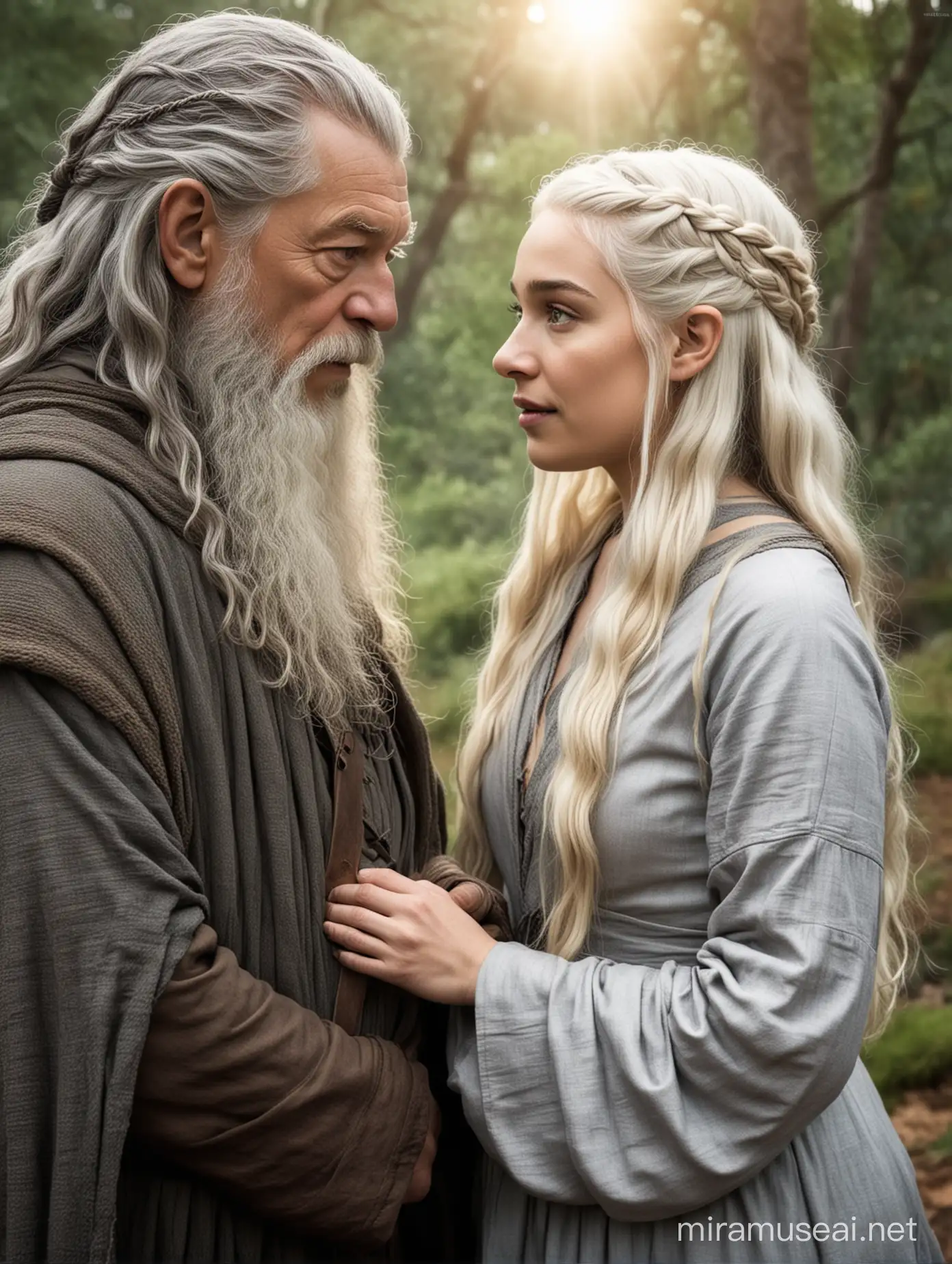 Daenerys Targaryen and Gandalf the Grey Encounter in a Mythical Realm