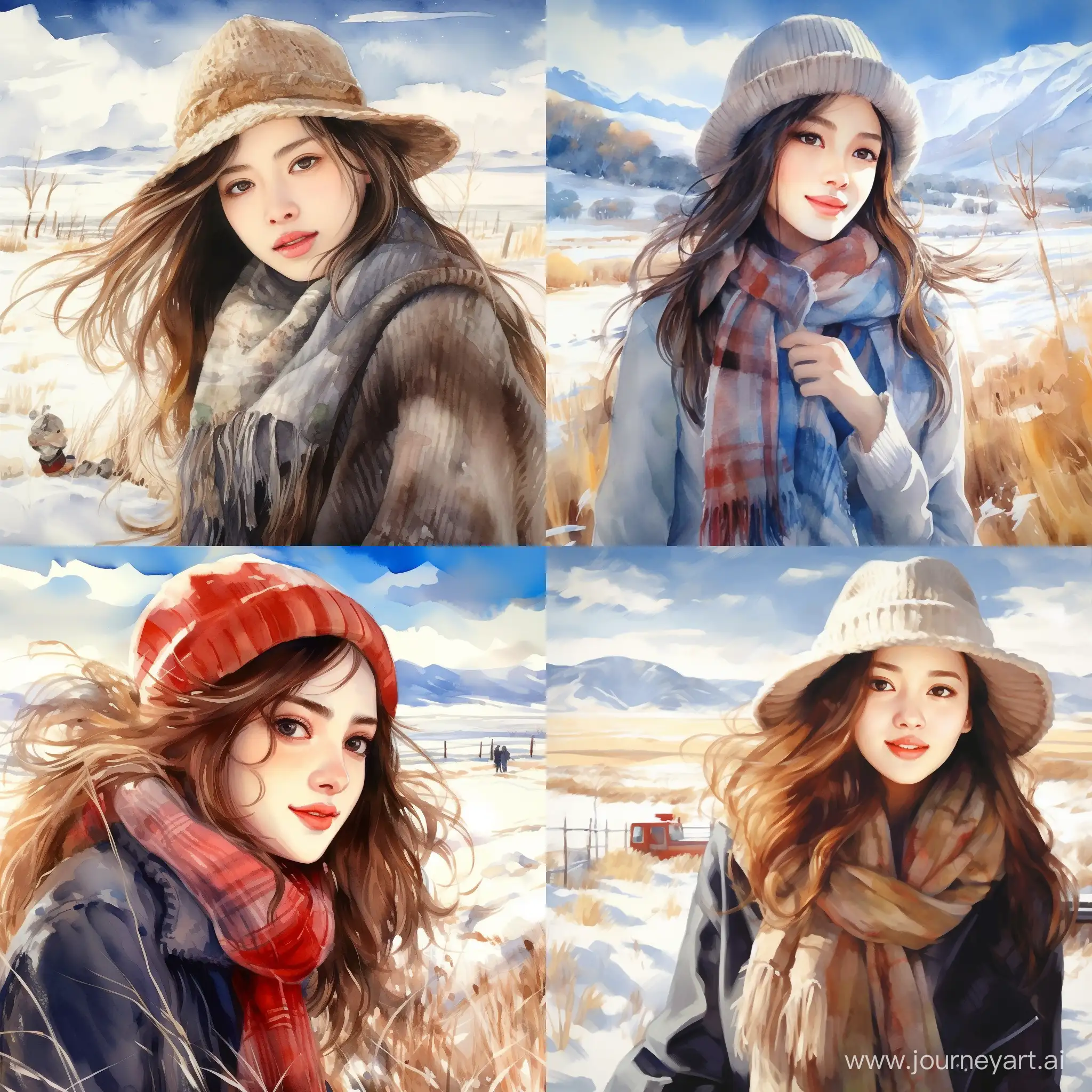 Radiant-Asian-Girl-in-Winter-Landscape-Joyful-Impressionist-Painting