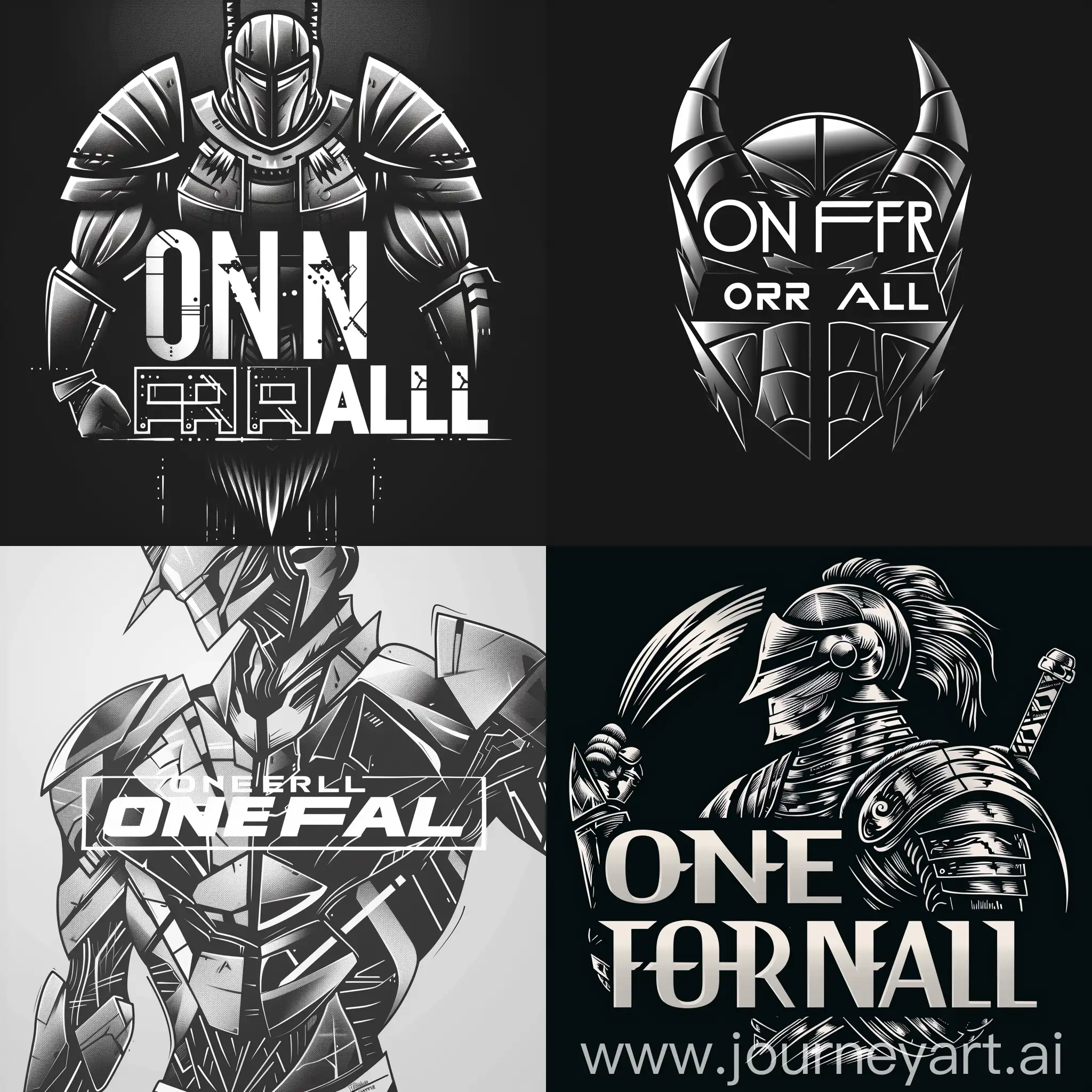 Title: "ONE FOR ALL: Warrior-Tech Fusion Logo"

Description:

"Create a logo for 'ONE FOR ALL,' an app blending advisory, fitness tracking, finance, chat, and AI assistance. Blend warrior, tech, monochrome colors. Capture warrior strength subtly, integrate futuristic tech elements seamlessly. Use monochrome palette for sophistication. Include 'ONE FOR ALL' prominently in legible yet distinctive typography. Ensure balance and cohesion, conveying unity, empowerment, and innovation. Prioritize clarity and visual impact."