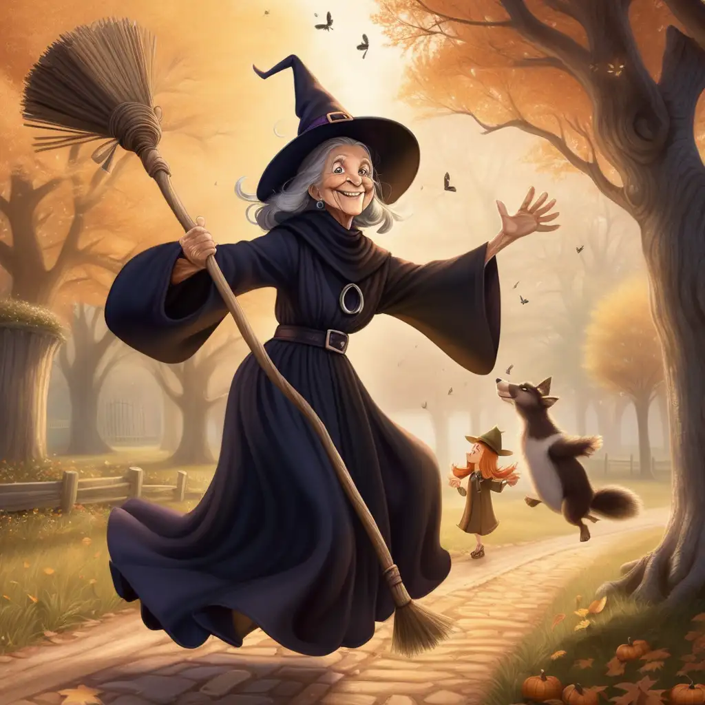 /imagine prompt: An enchanting scene featuring an elderly witch in the foreground, riding a broomstick, a warm and gentle smile on her face, arms wide open, detailed facial features radiating kindness, --ar 16:9 --v 5