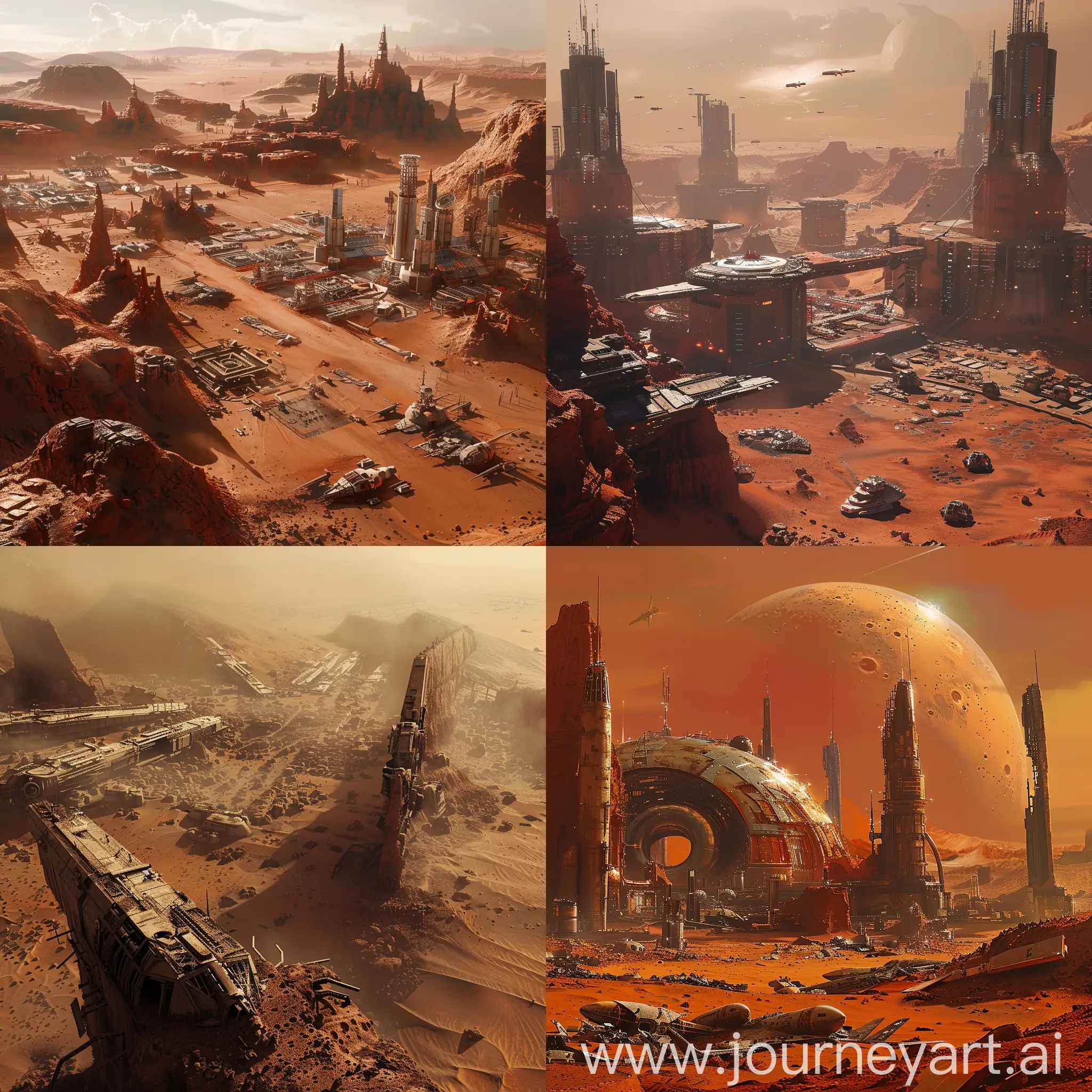 一座由飞船残骸组成的火星城市，科幻风格