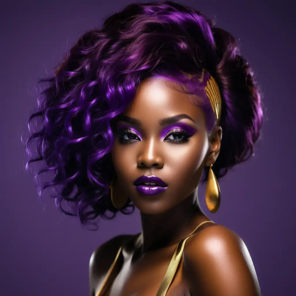 beautiful black lady, purple hair, golden skin