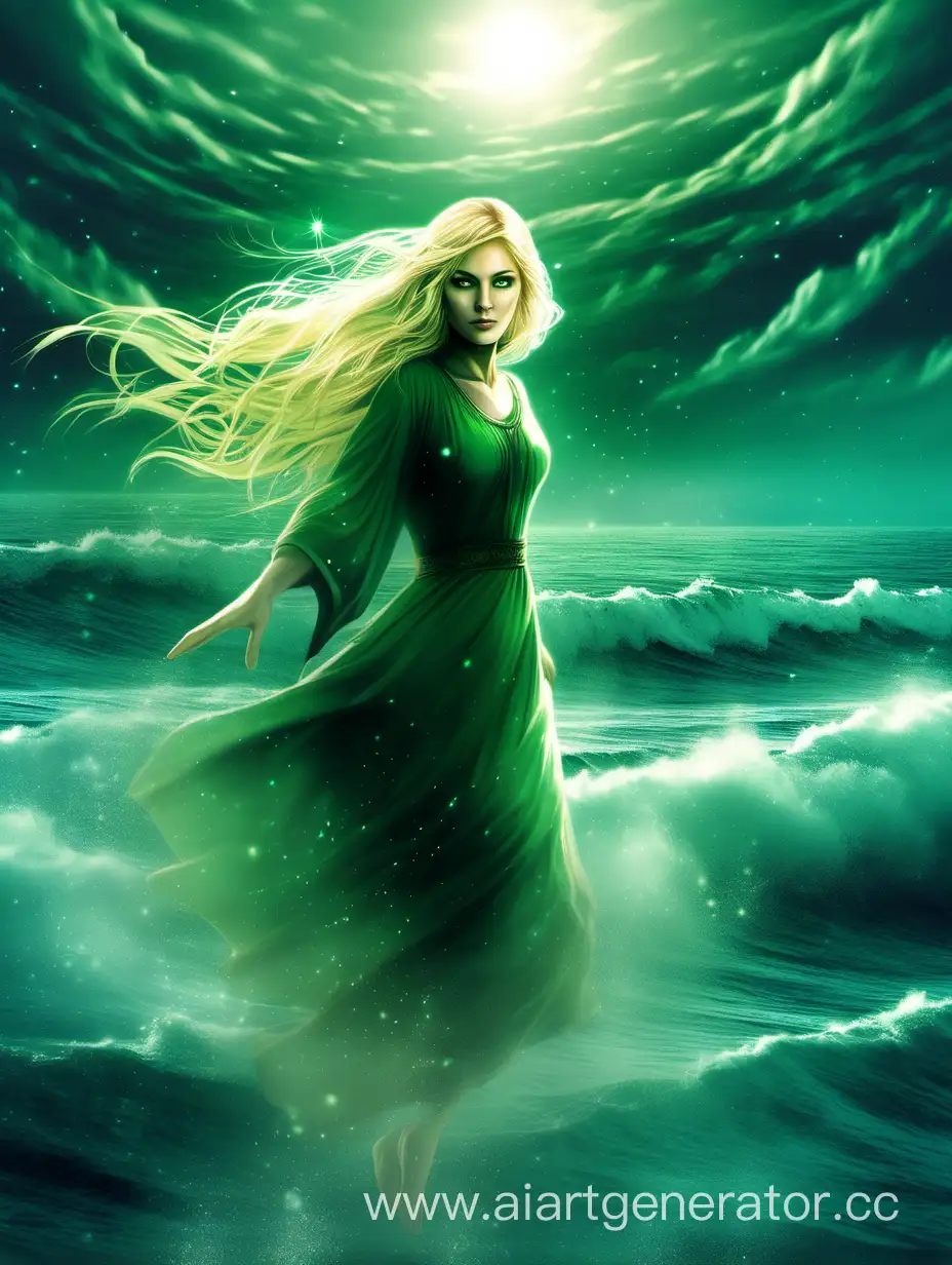 зеленые глаза, белокурая женщина, дух, парит над морем, над водой, Fantasy-style