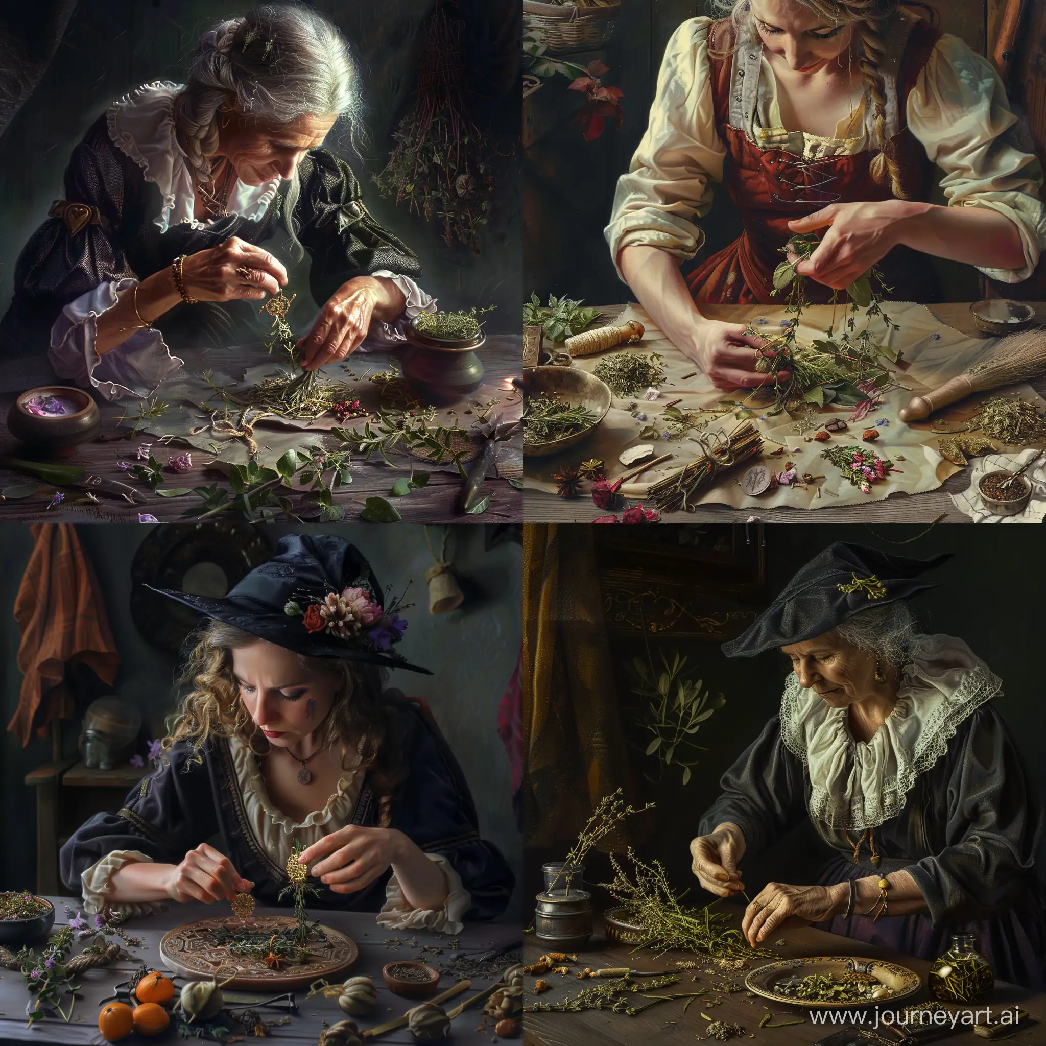 fotorealismo, uma bruxa fazendo um amuleto com ervas