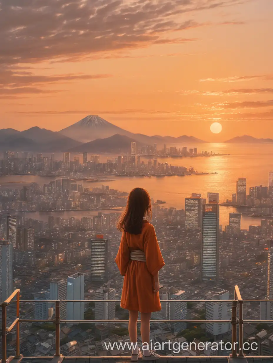 девушка стоит на крыше развернутая спиной и смотрит вдаль на море при оранжевом закате в большом японском городе с высотками