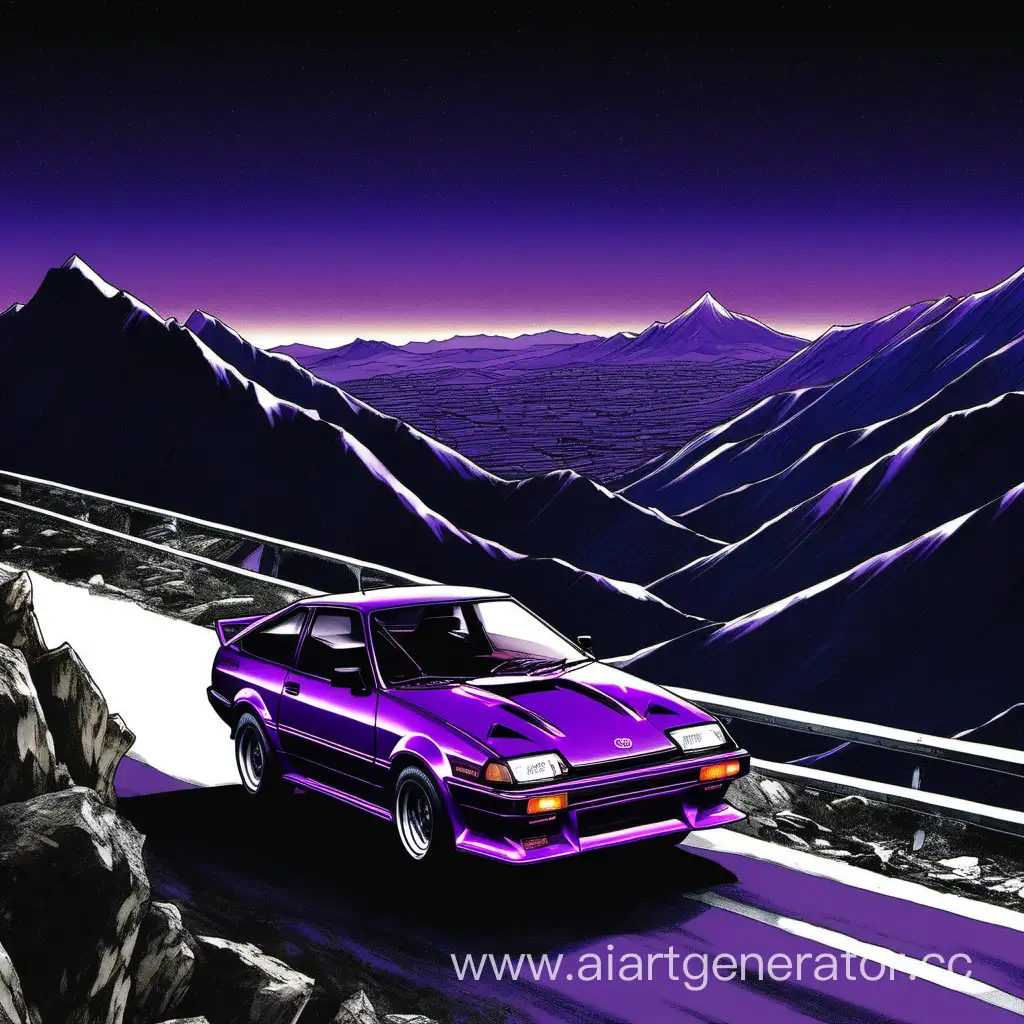 Toyota Trueno Sprint в  фиолетовом цвете проезжает горный перевал ночью 