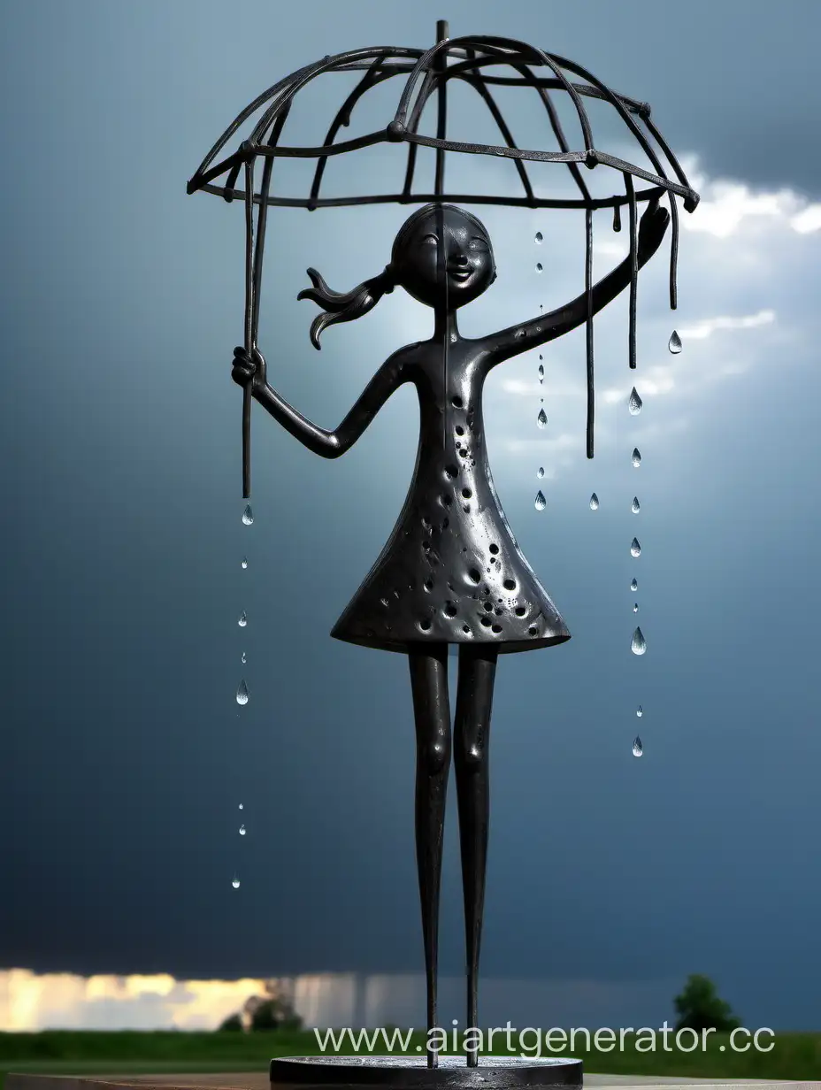 Кованая скульптура .  Девушка радость  .  Дождь линии. Тучи
