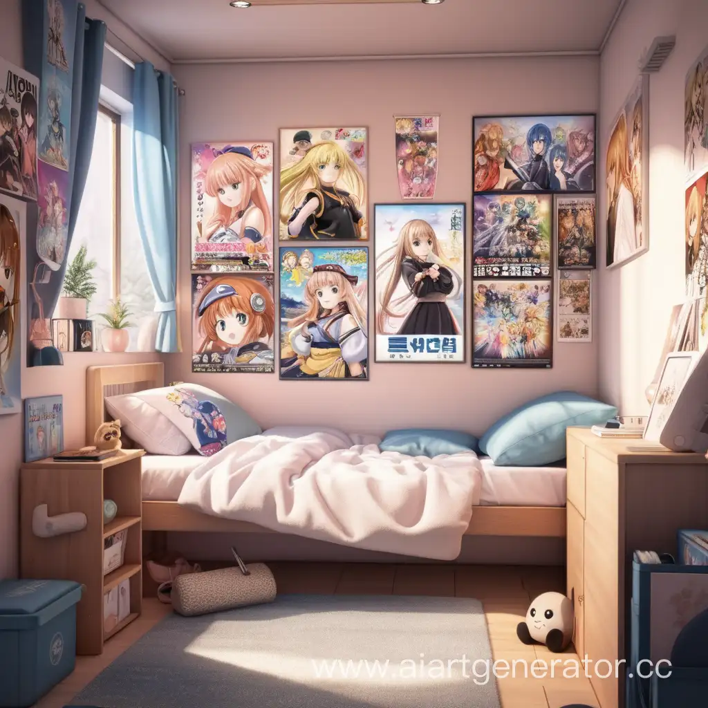 Небольшая женская комната, украшенная постерами из аниме, утро