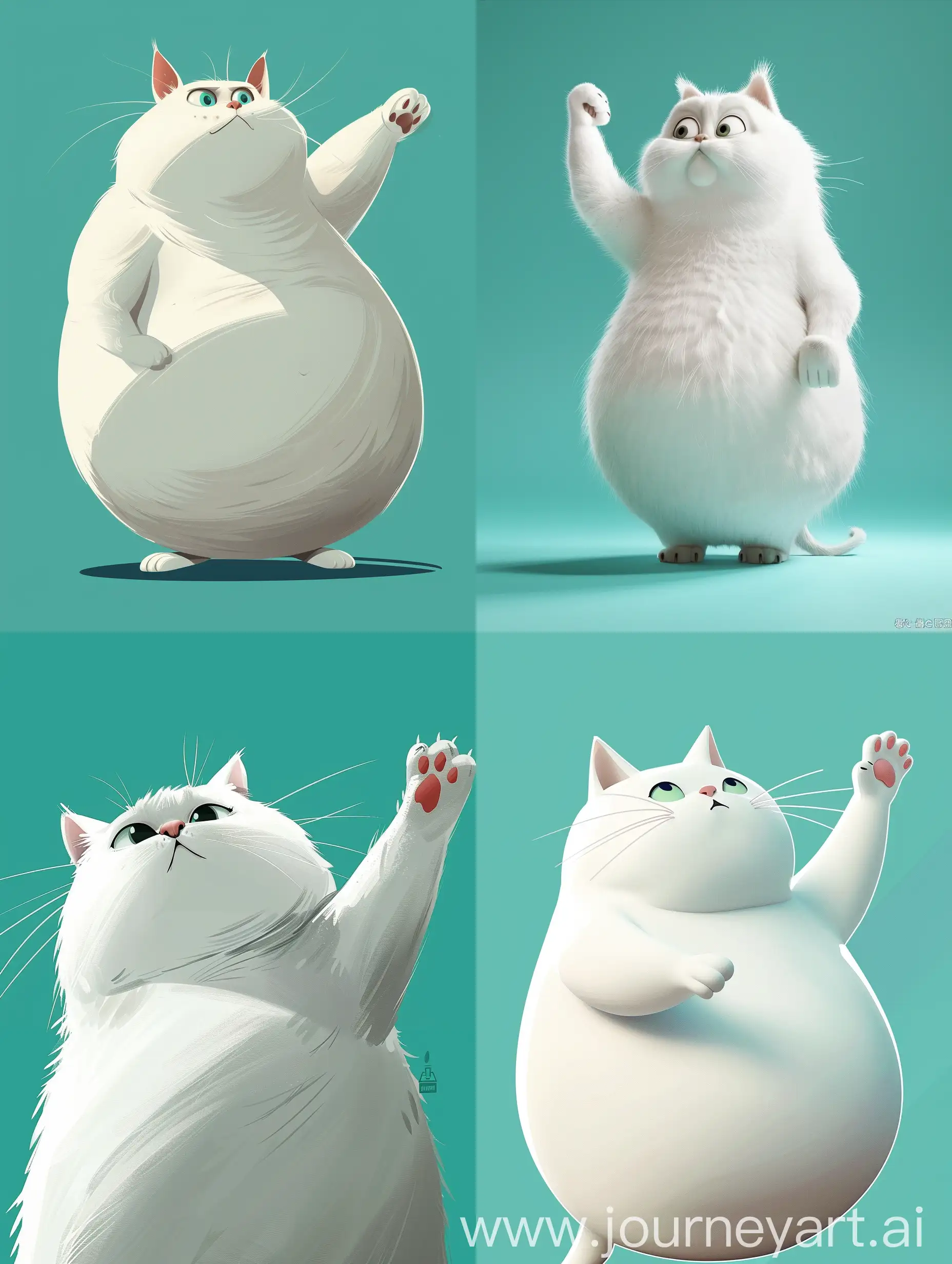 an anthropomorphic fat white cat,left sided,right arm up,eyes looking up,flat face,pixar style,cyan solid background, --ar 3:4