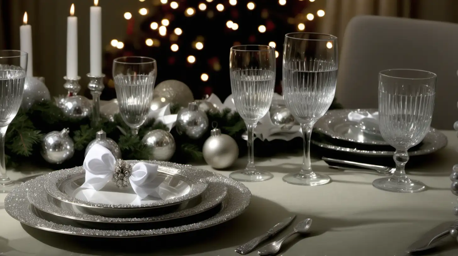 "Zoom in on the shimmering elegance of a holiday table set with fine china, sparkling glassware, and festive centerpieces."