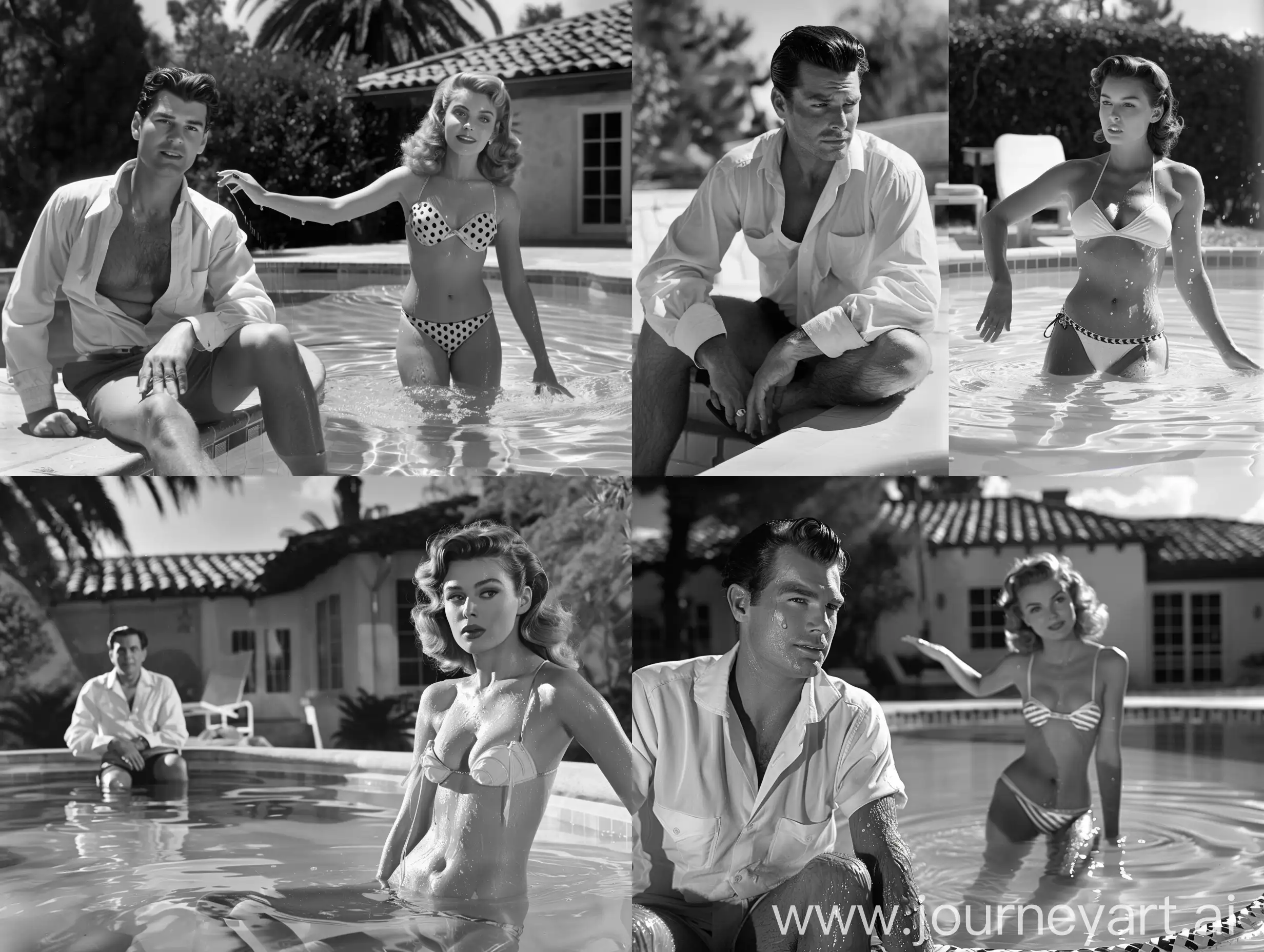 Noir shot of a glamorous 1940s handsome man in white shirt sitting by a pool, a pretty 1940s pinup girl in bikini emerging from the pool soaking in wet, vinatge villa background 