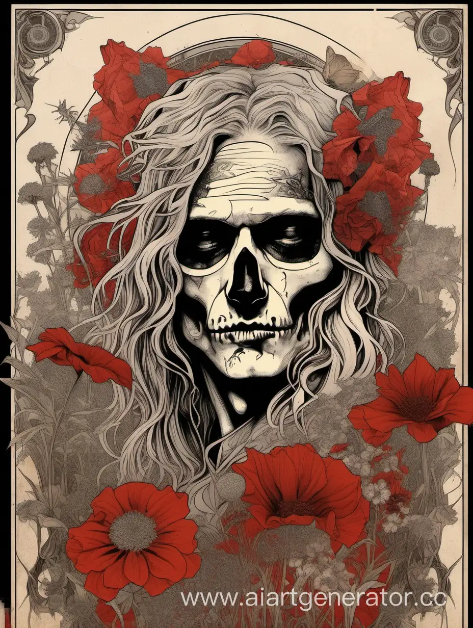  layne staley from alice in chains, skull face , odalisque, alphonse mucha poster background, wildflowers smoke paint, high textured paper, hiperdetailed lineart , black,gray, red,