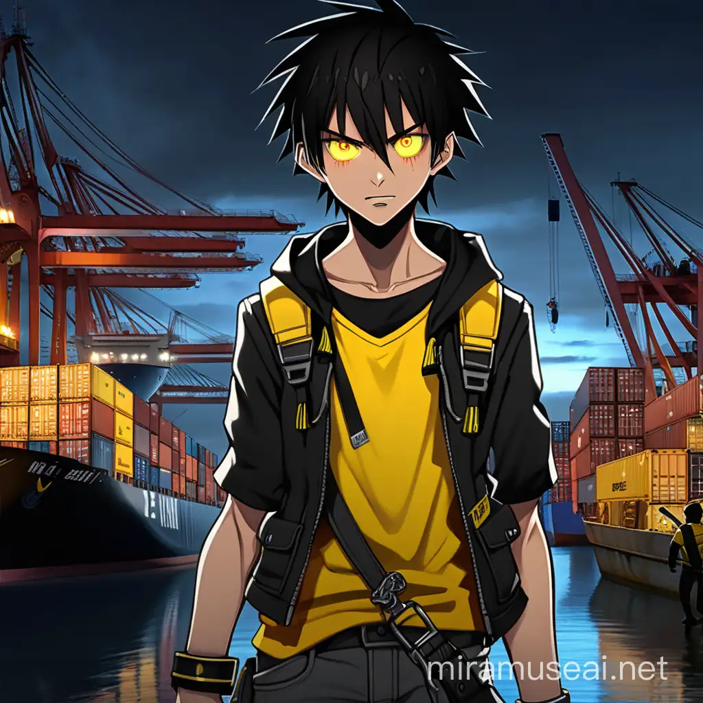 Eerie Anime Boy with Glowing Eyes Stands Amidst Shipping Containers at Night