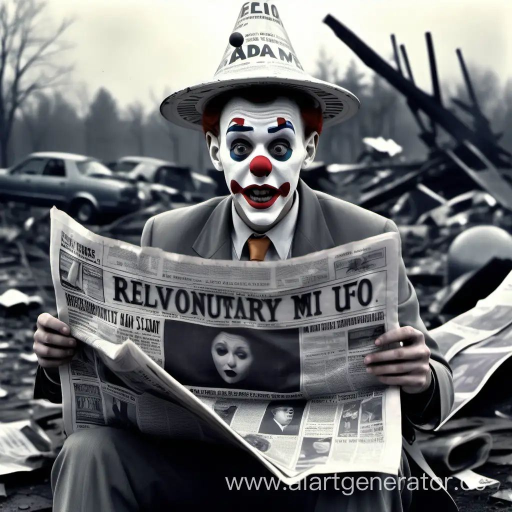 Clown-Hat-Wearer-Surveys-UFO-Wreckage-Amidst-Gray-Tones