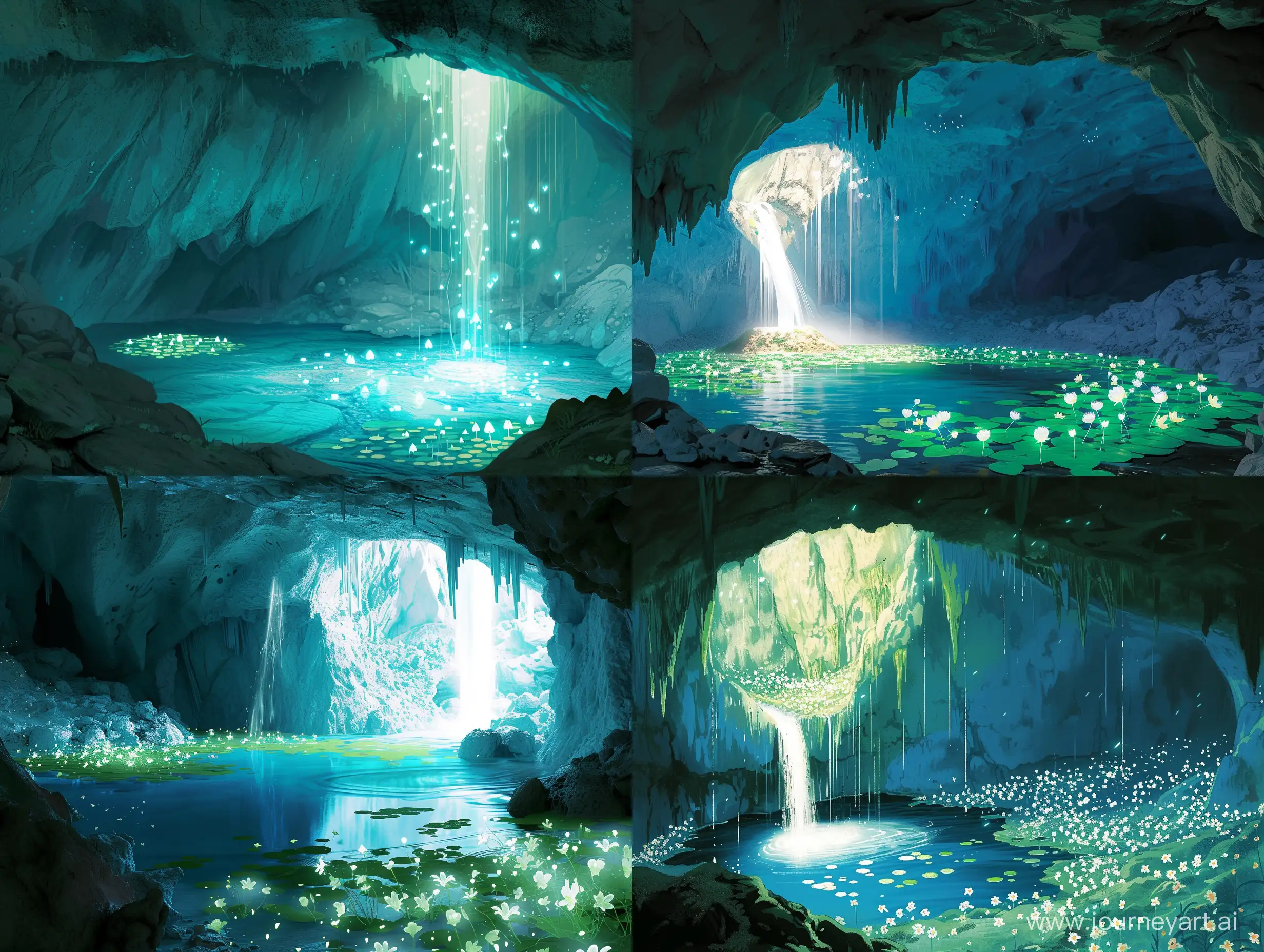 a blue-green-white cave, with a small lake and a waterfall from the cave wall, the lake is surrounded by luminous lilies of the valley, in the style of an old illustration