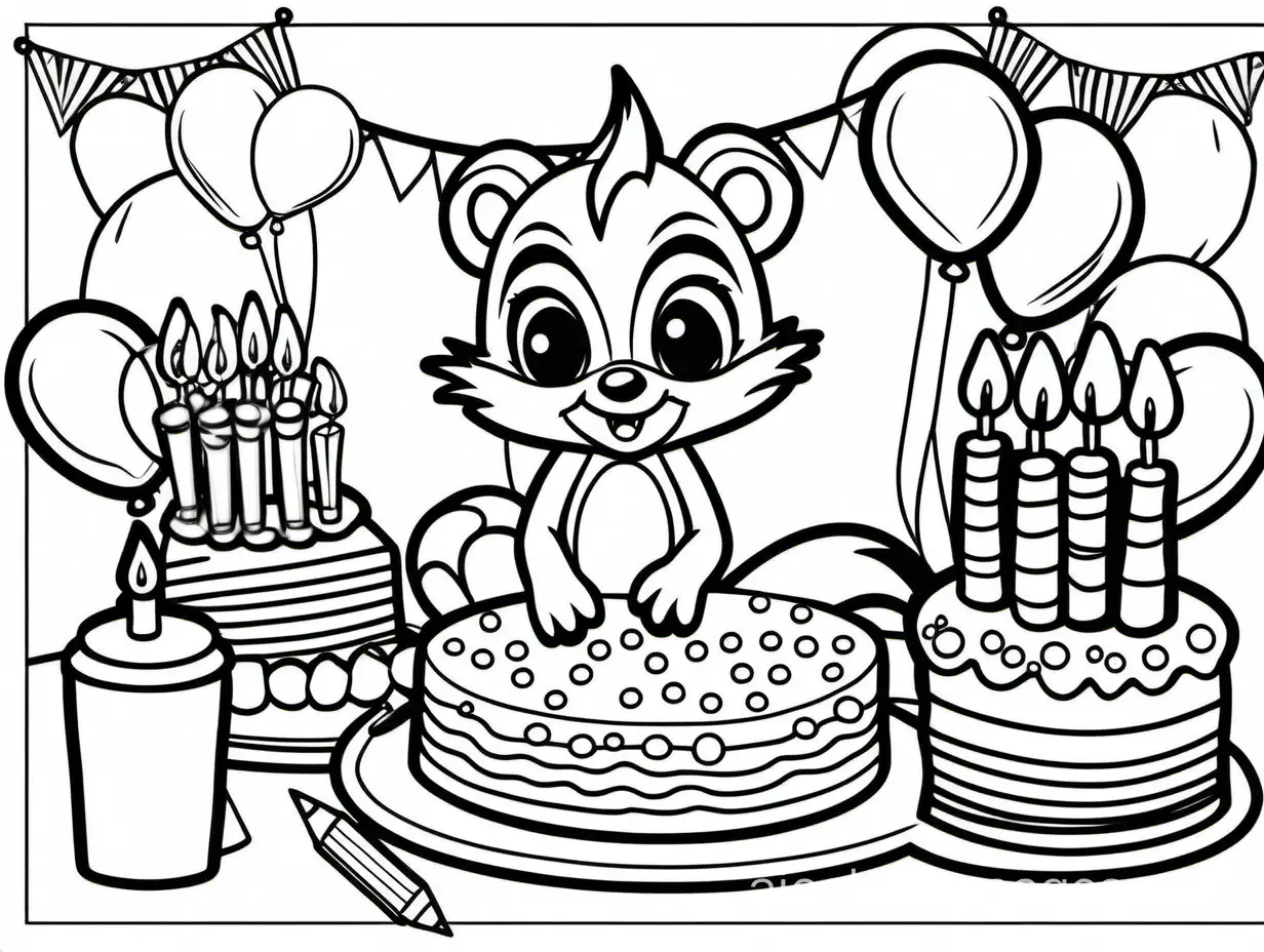 Skunk-Birthday-Party-Coloring-Page-Simple-Black-and-White-Line-Art