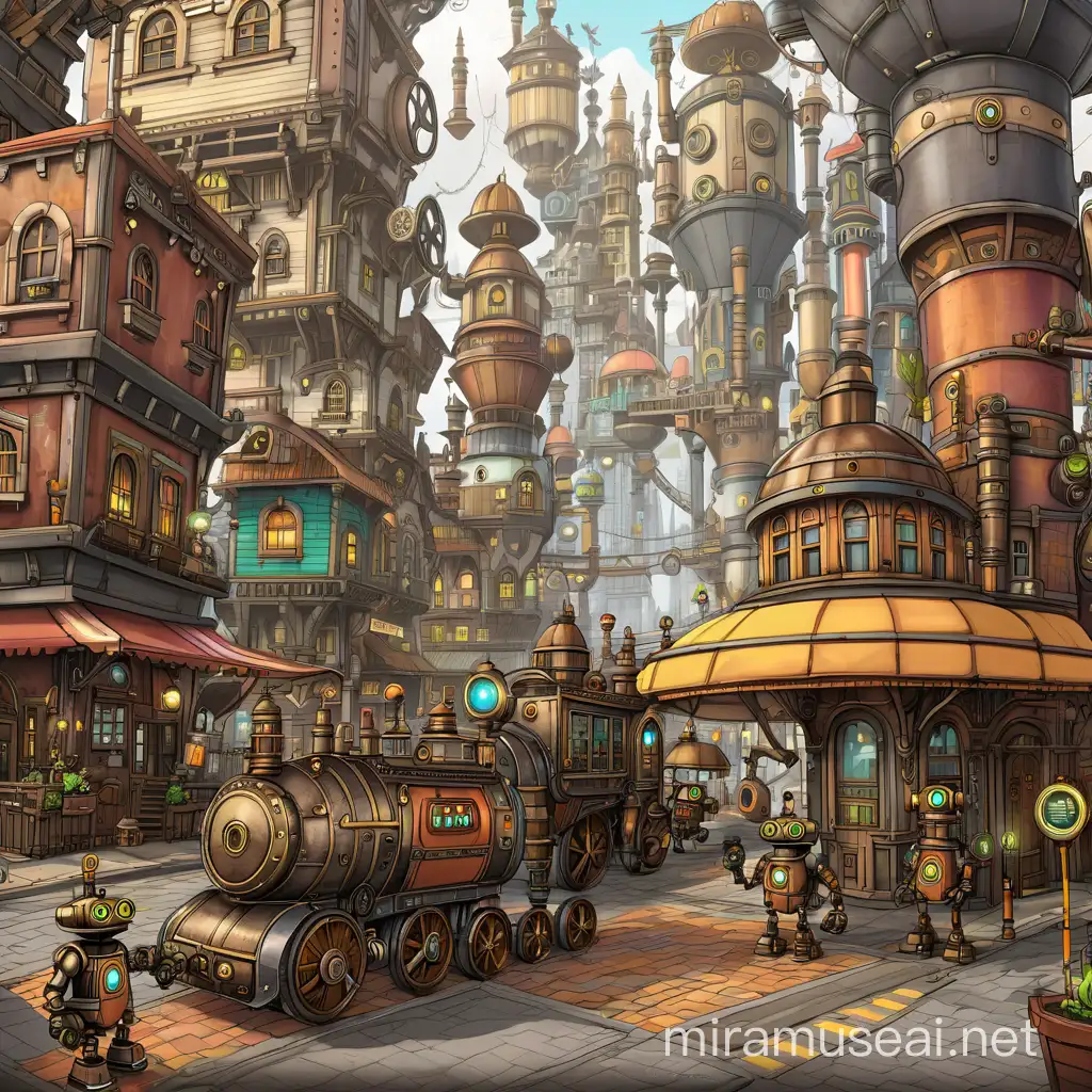 Vibrant Steampunk Cityscape Featuring Adorable Robots Detailed Pencil Drawing for Inspiration