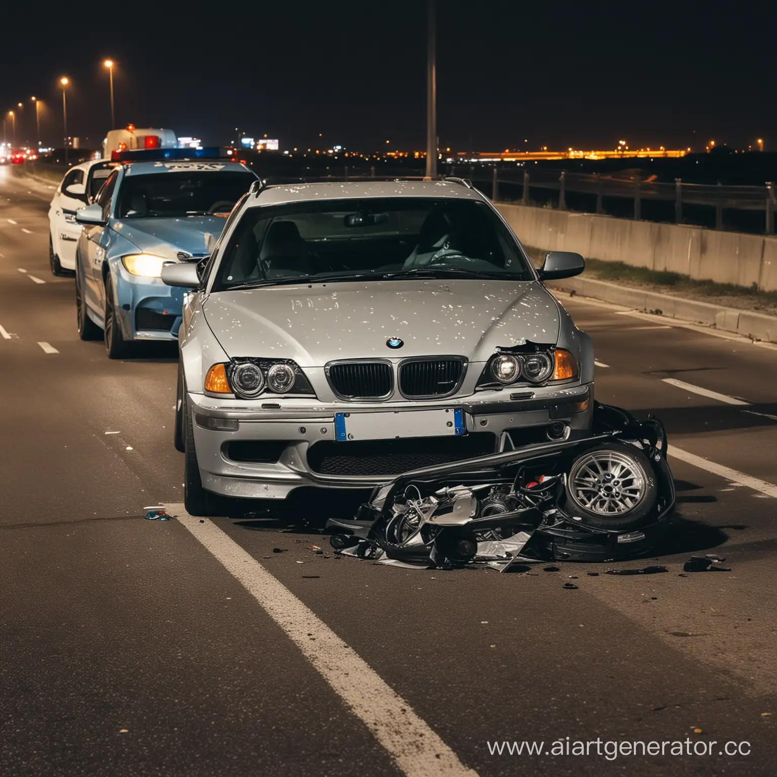 Nighttime-Highway-Scene-Broken-BMW-Coupe-with-Police-Crew