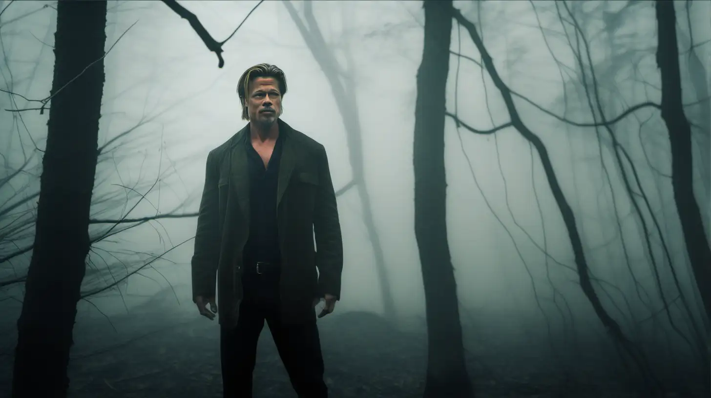 I want to place Brad Pitt inside a foggy forest. The camera is close to him so we can see his upper body and head. It is early in the morning. Close to the camera, between Brad Pitt and the lens of the camera, we can see out of focus, some branches from a tree. Behind Brat Pitt and inside the hazy fog, a silhouette of a tall ware wolf is visible. Brat Pitt, seems that did not understand the danger and looks directly at the camera.  













