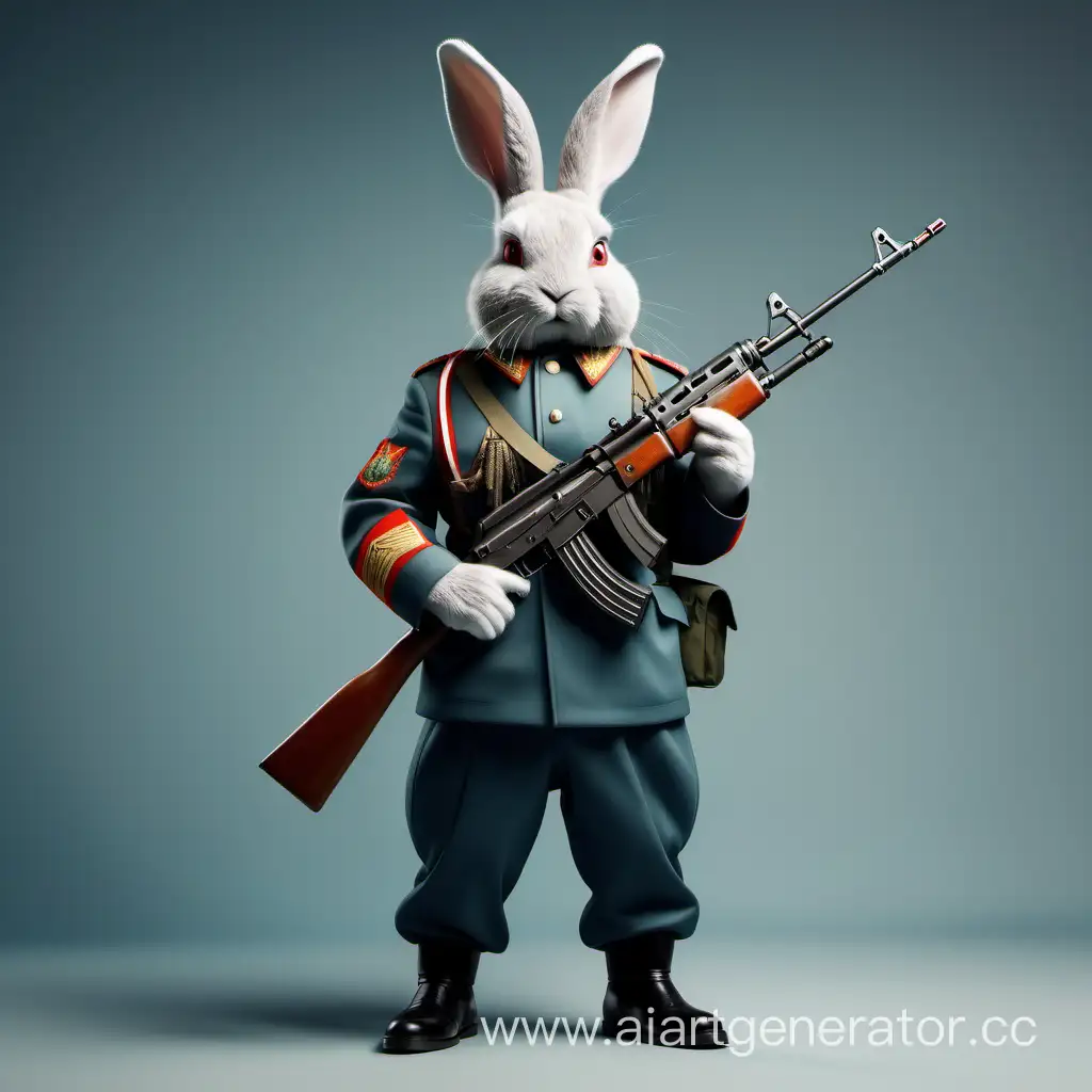 русский кролик в российской современной  военной форме в полный рост, в руках держит автомат калашникова