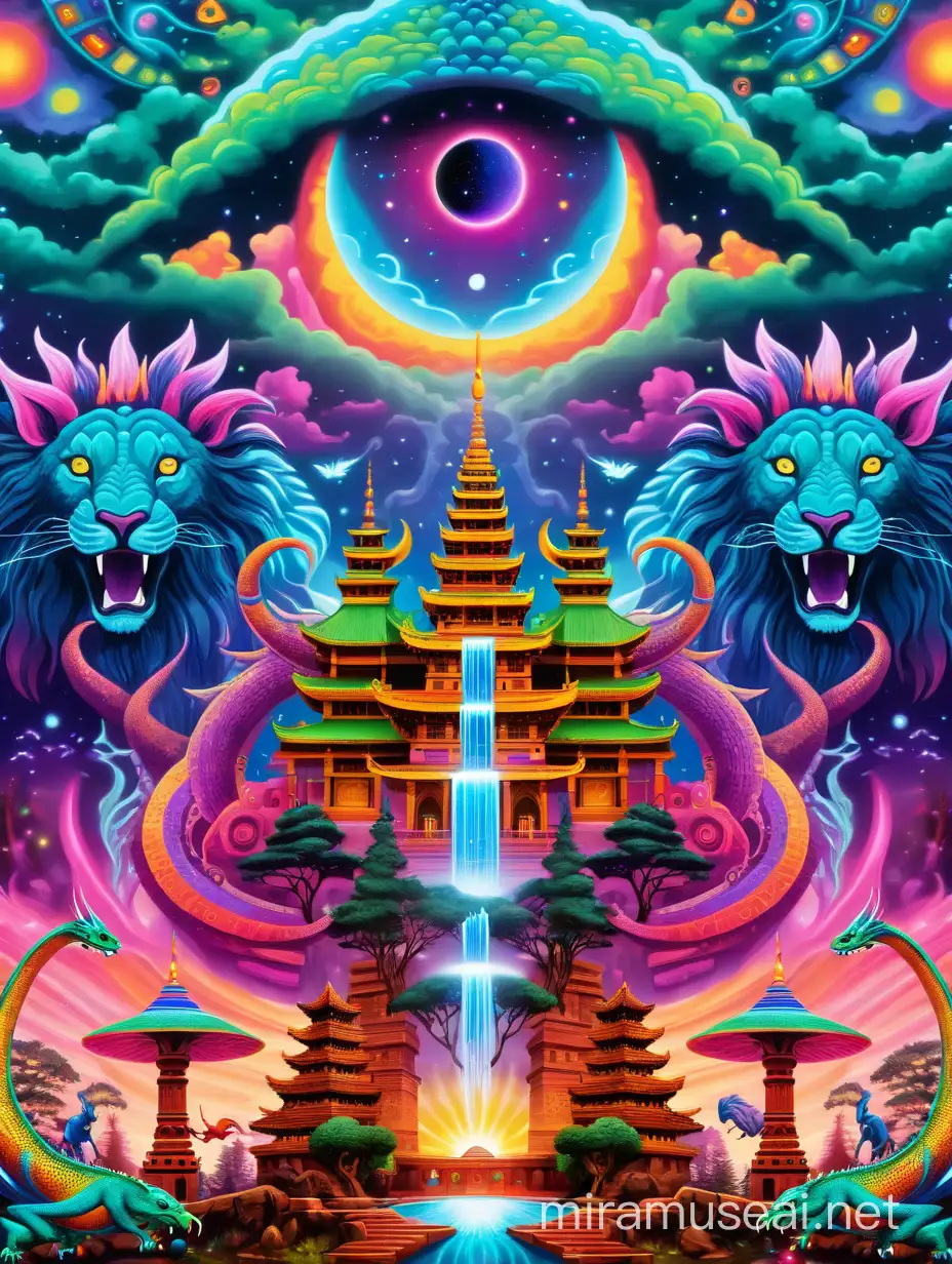 Fantasy World Vibrant Psychedelic Forest with Geometric Shapes and Mystical Creatures