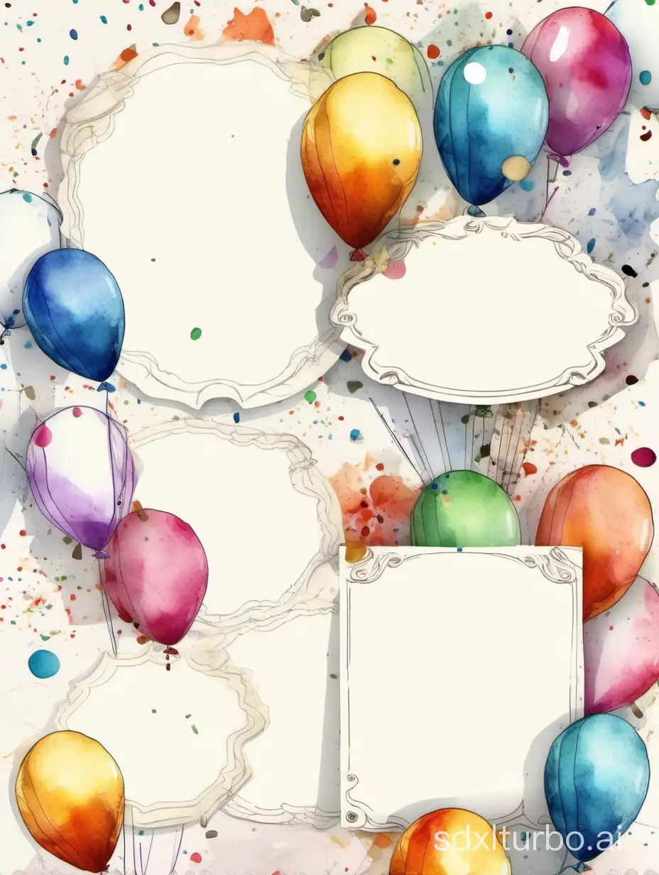 Colorful-Party-Hats-and-Balloons-Surrounding-White-Label-Centers-with-Delicate-Drawing-and-Watercolor-Details