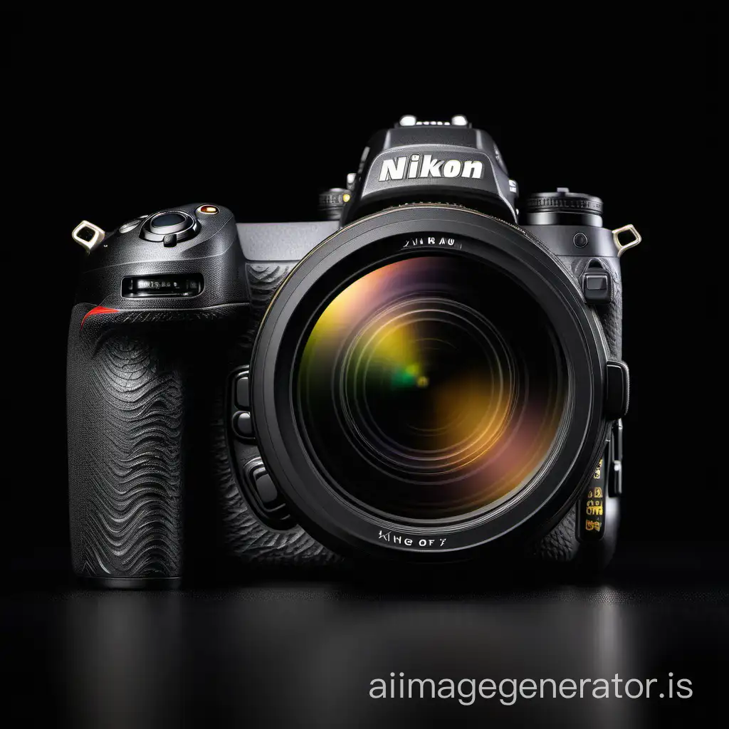 A Nikon Z9 camera is being displayed, with the body at a 45-degree angle from the side, an 85mm lens, a dark background, and the background text pattern reads 'Photography Association of Xinglu.' The camera as a whole should have a metallic texture, giving people a profound and serious impression, highlighting the reliable quality of Nikon cameras.