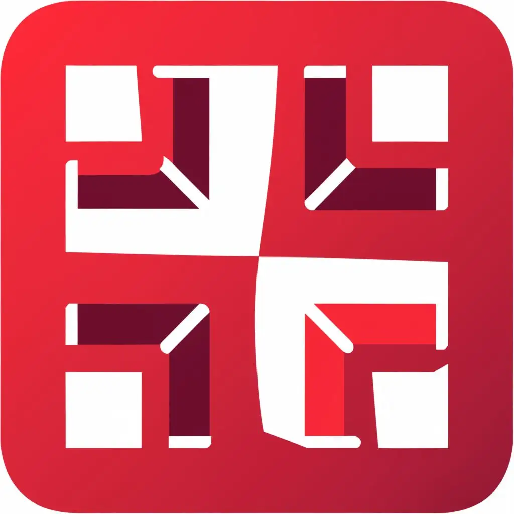logo, Red square with a square cut out in it, with the text "GVNG", typography, be used in Technology industry