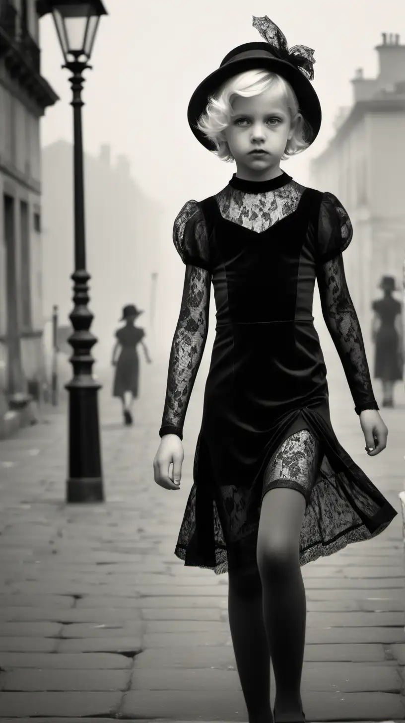 Angry Young Girl in 1930s Black Velvet Gown Walking by French Waterfront