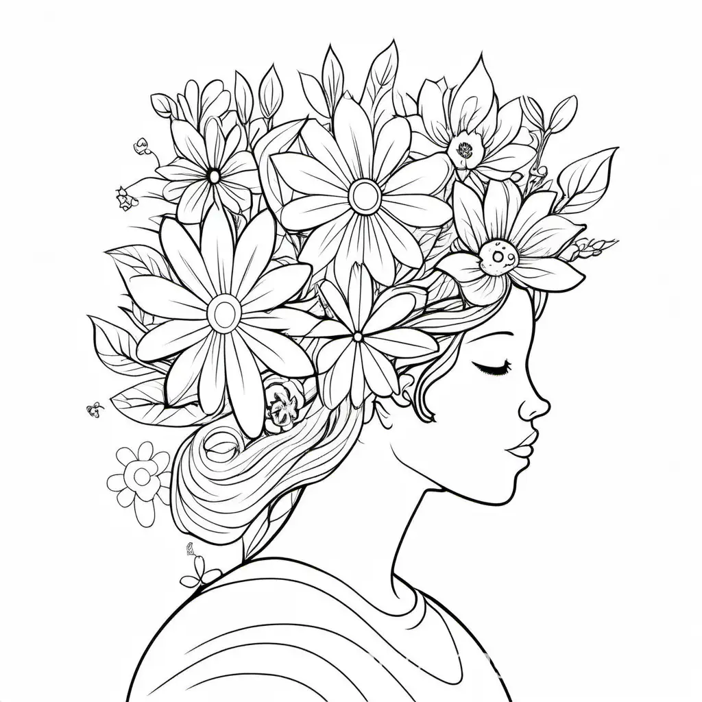 Flowers growing out of the top of a head, Coloring Page, black and white, line art, white background, Simplicity, Ample White Space. The background of the coloring page is plain white to make it easy for young children to color within the lines. The outlines of all the subjects are easy to distinguish, making it simple for kids to color without too much difficulty