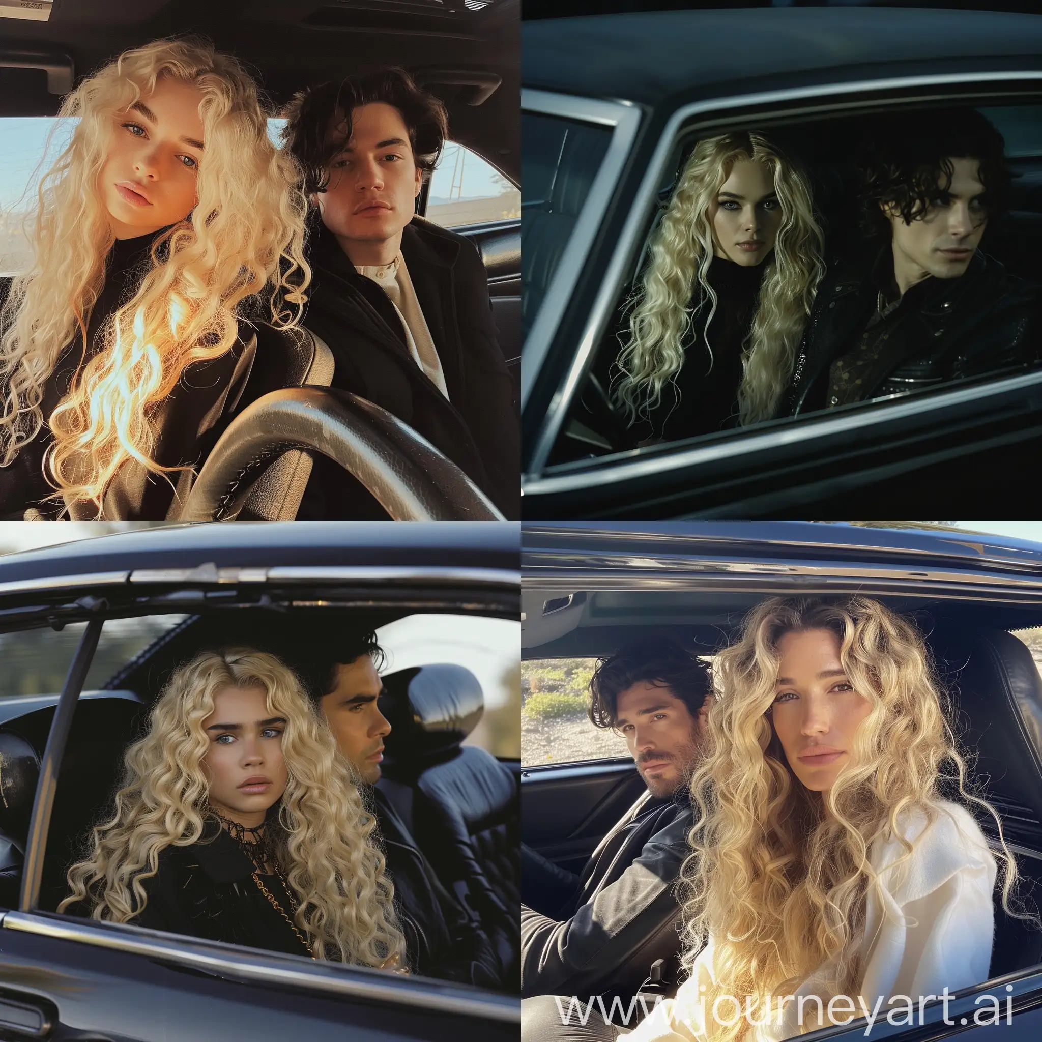 Chic-Blonde-Girl-and-DarkHaired-Man-in-Stylish-Black-Car