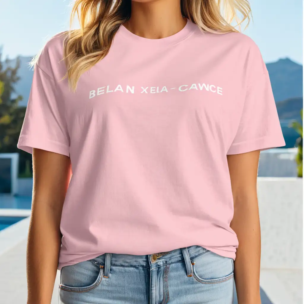 blonde woman wearing bella canvas 3001 oversized pink color t-shirt mockup wearing jeans, clear shirt stiches, home background, soft light