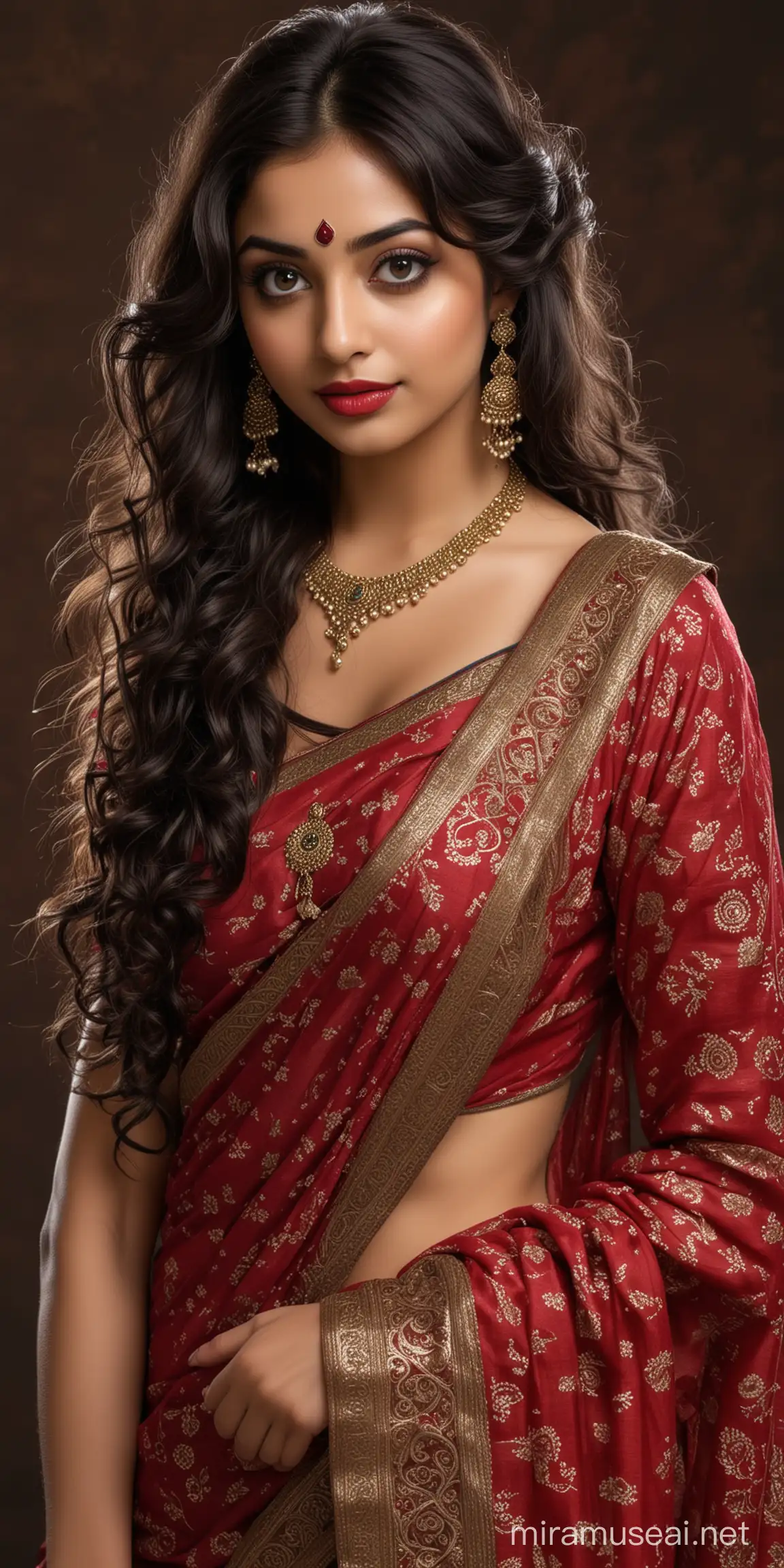 full body photo of most beautiful european girl as beautiful indian girl, standing facing background,  big wide black eyes with eye makeup, thick long curly hair , wide big eyes, brows raised, turned away, looking back over shoulders, perfect symmetric face and eyes, glossy dark red lipsticks, elegant traditional modest saree,  low cut back, intricate details, photo realistic, 4k.